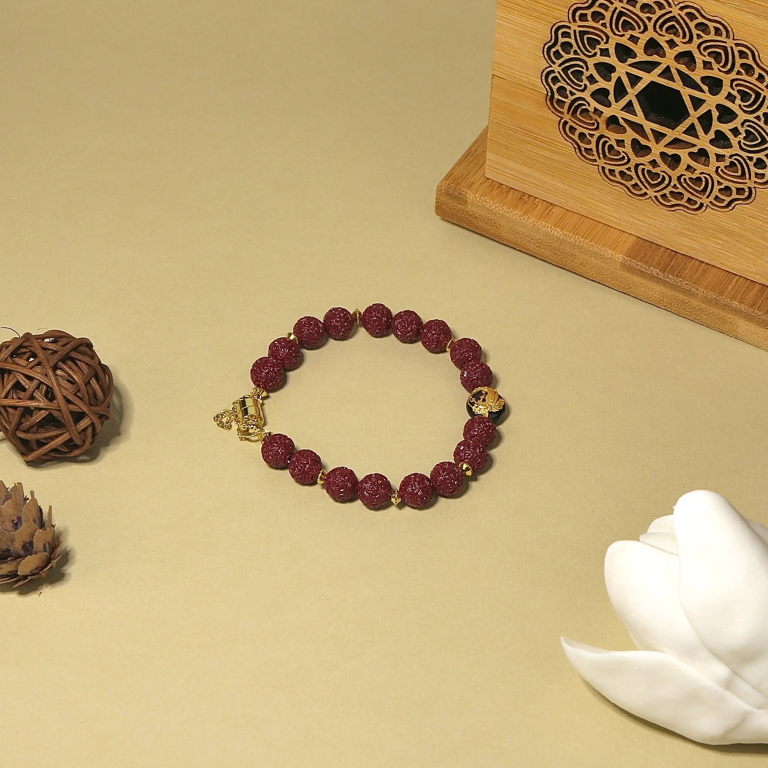 8.5mm Cinnabar Pattern Bracelet with Golden Phoenix, Designed for Wealth and Protection
