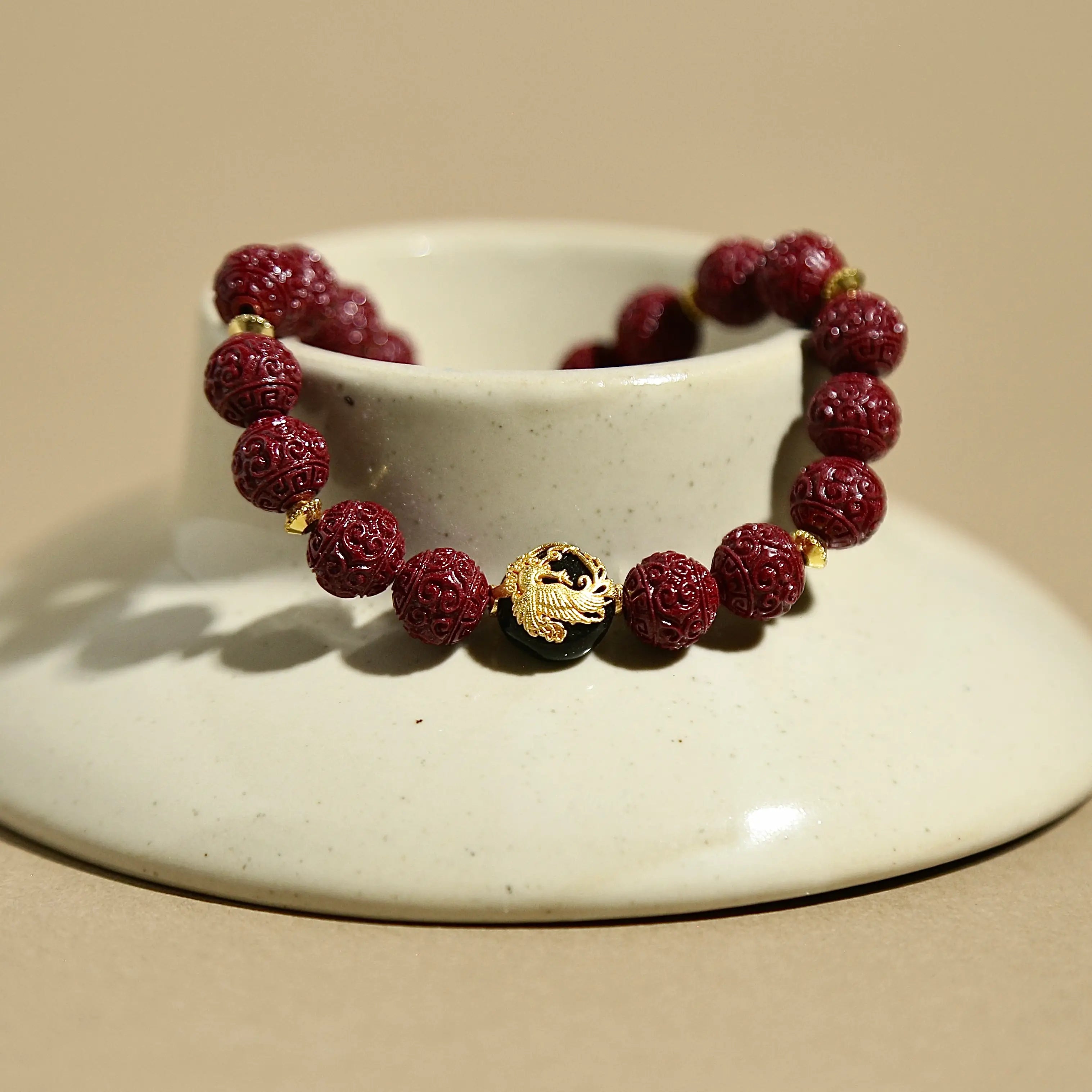 8.5mm Cinnabar Pattern Bracelet with Golden Phoenix, Designed for Wealth and Protection