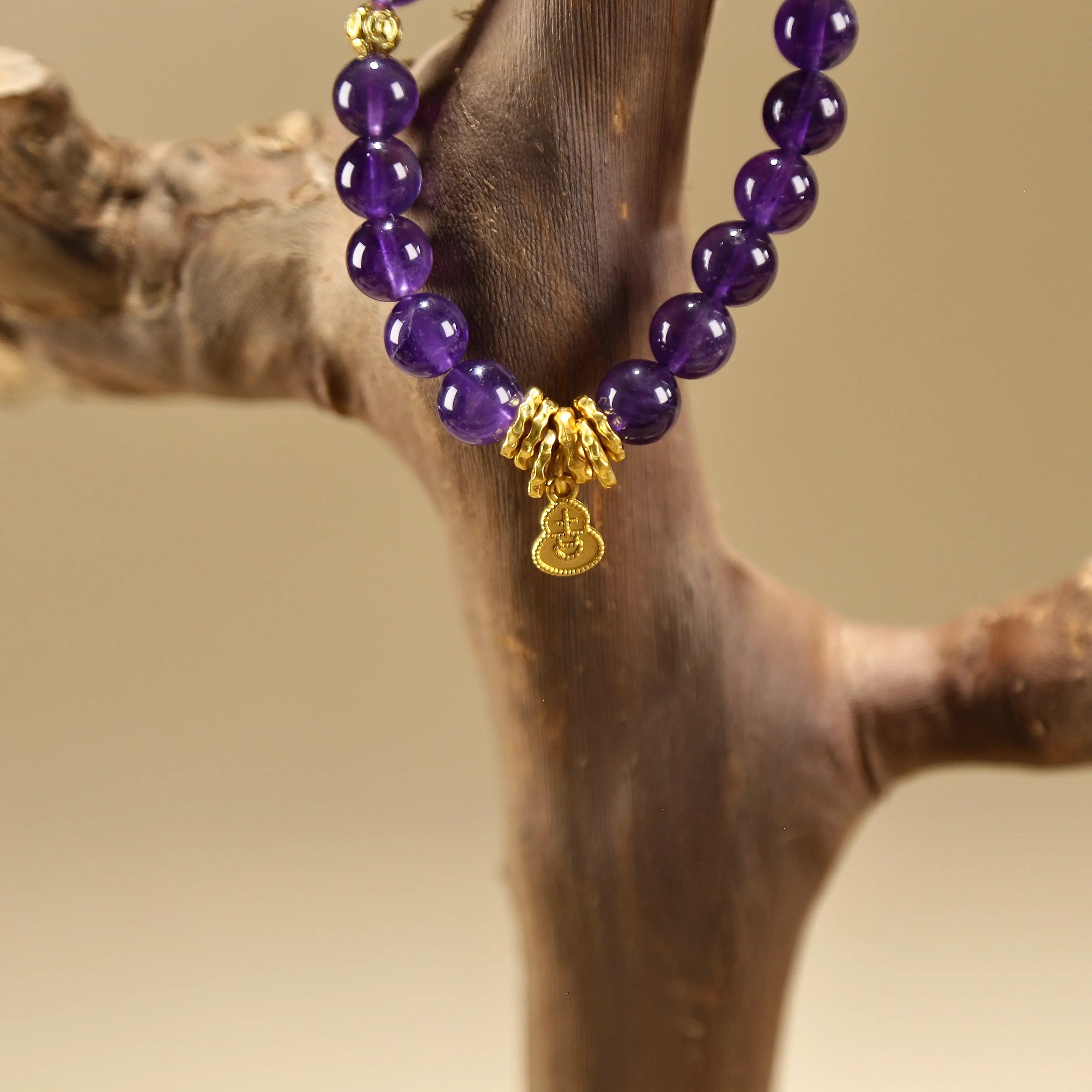 8.5mm Regal Wealth Amethyst Bracelet with Hulu Charms, Designed for Health and Healing