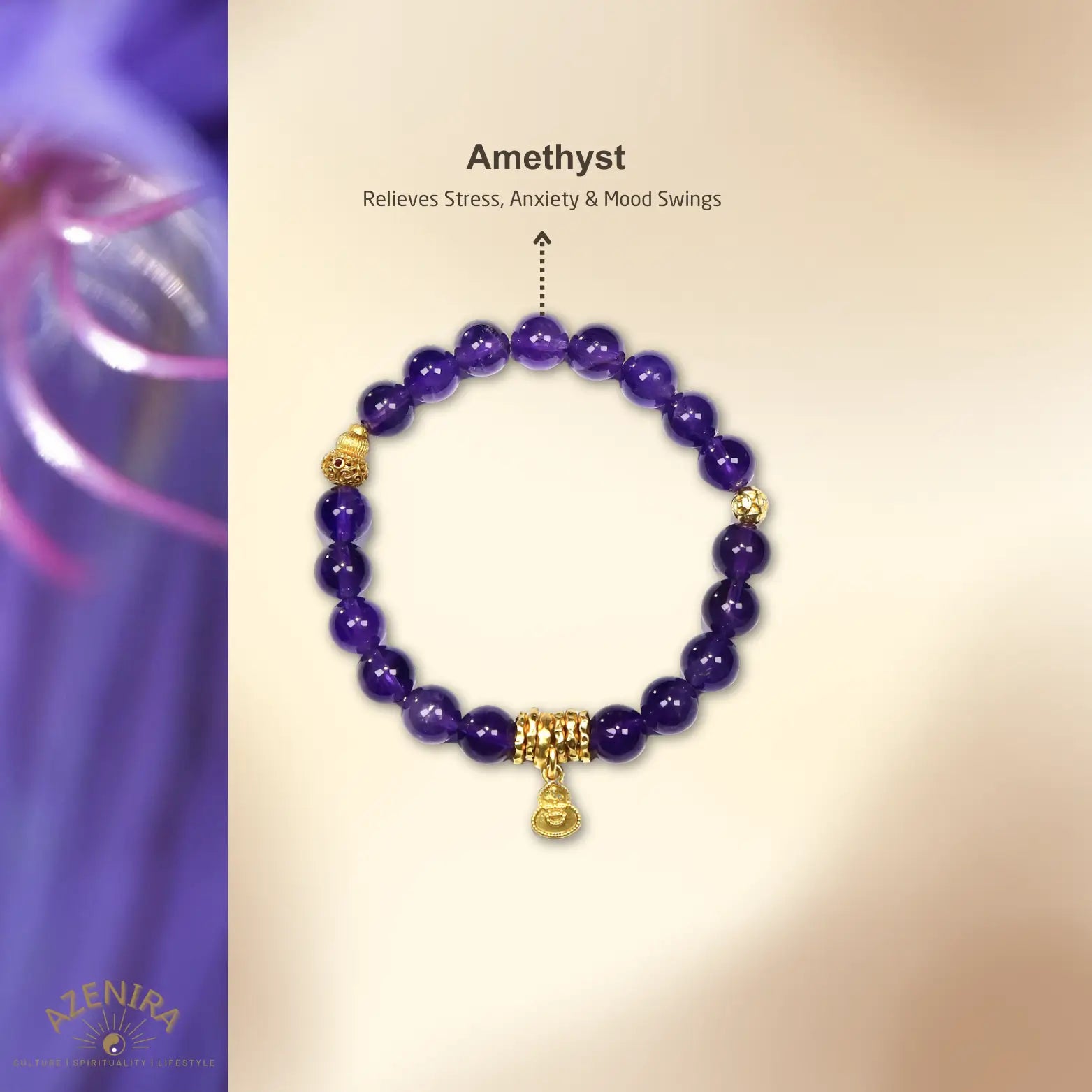 All Crystal Intentions of 8.5mm Regal Wealth Amethyst Bracelet with Hulu Charms