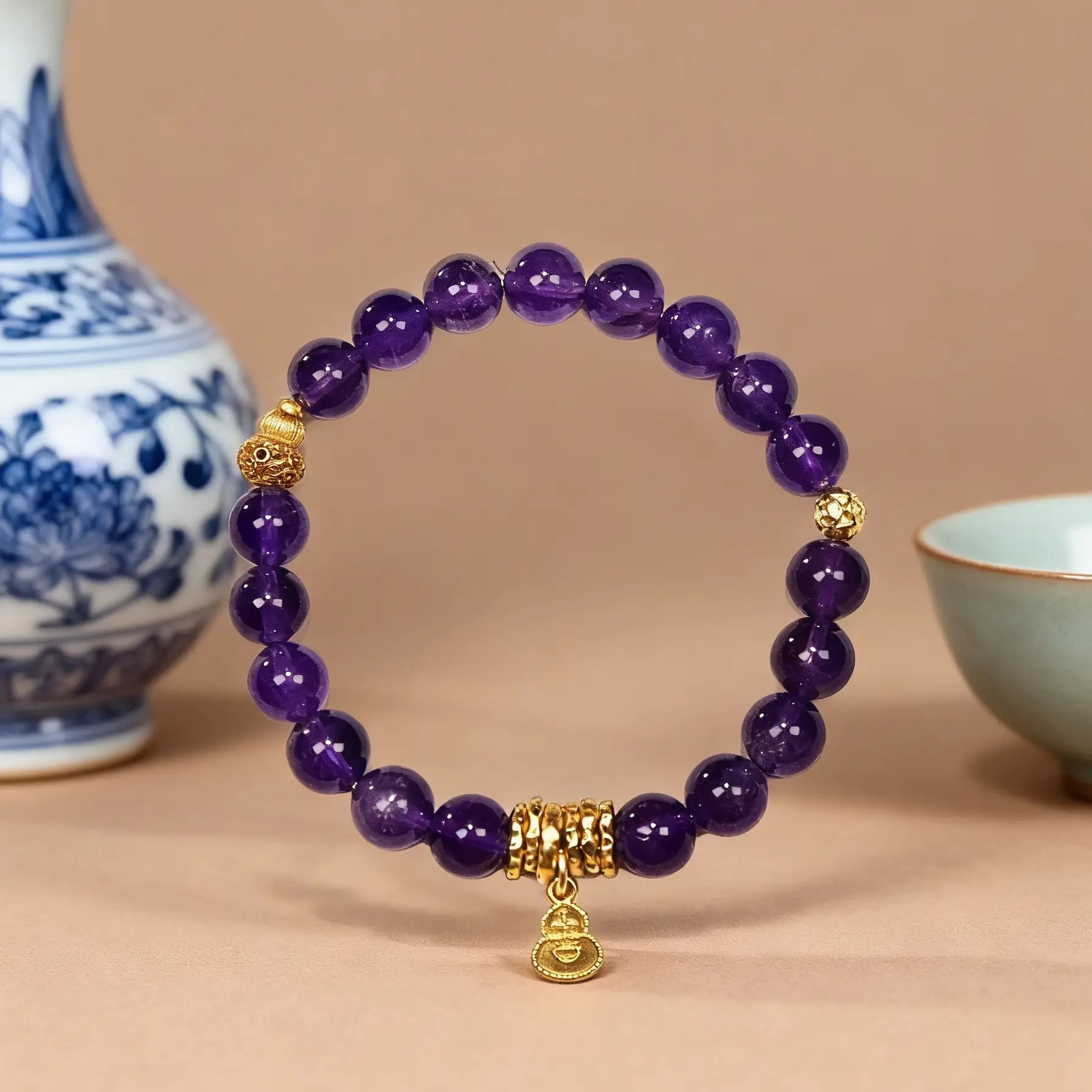 8.5mm Regal Wealth Amethyst Bracelet with Hulu Charms, Designed for Health and Healing