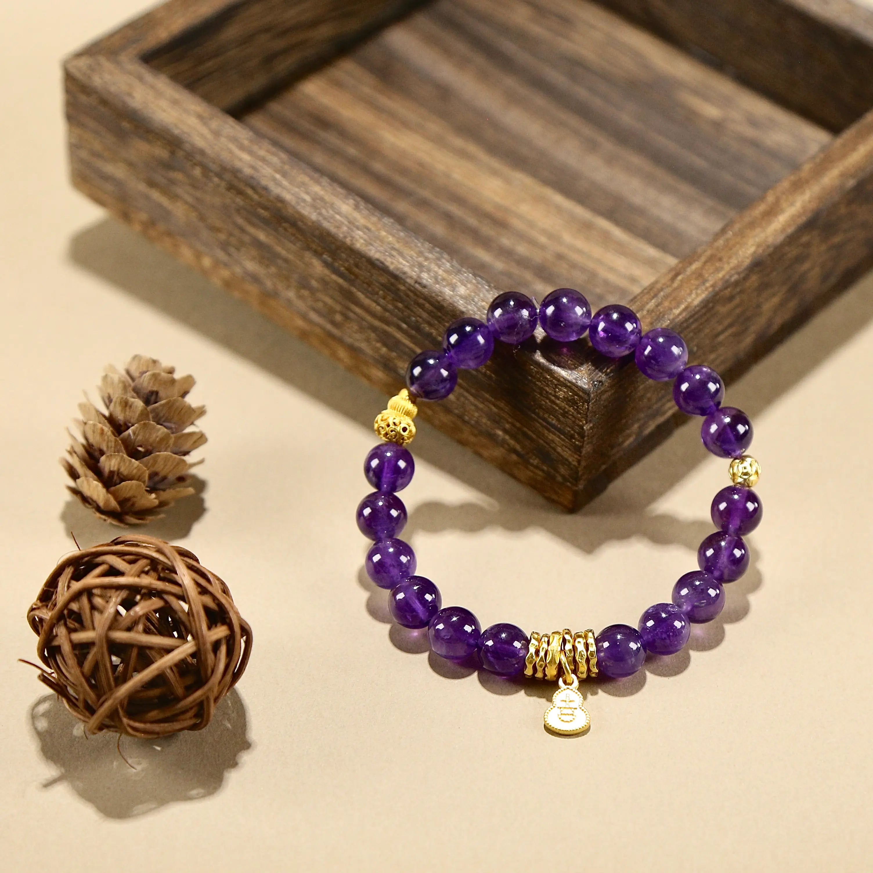 8.5mm Regal Wealth Amethyst Bracelet with Hulu Charms, Designed for Health and Healing