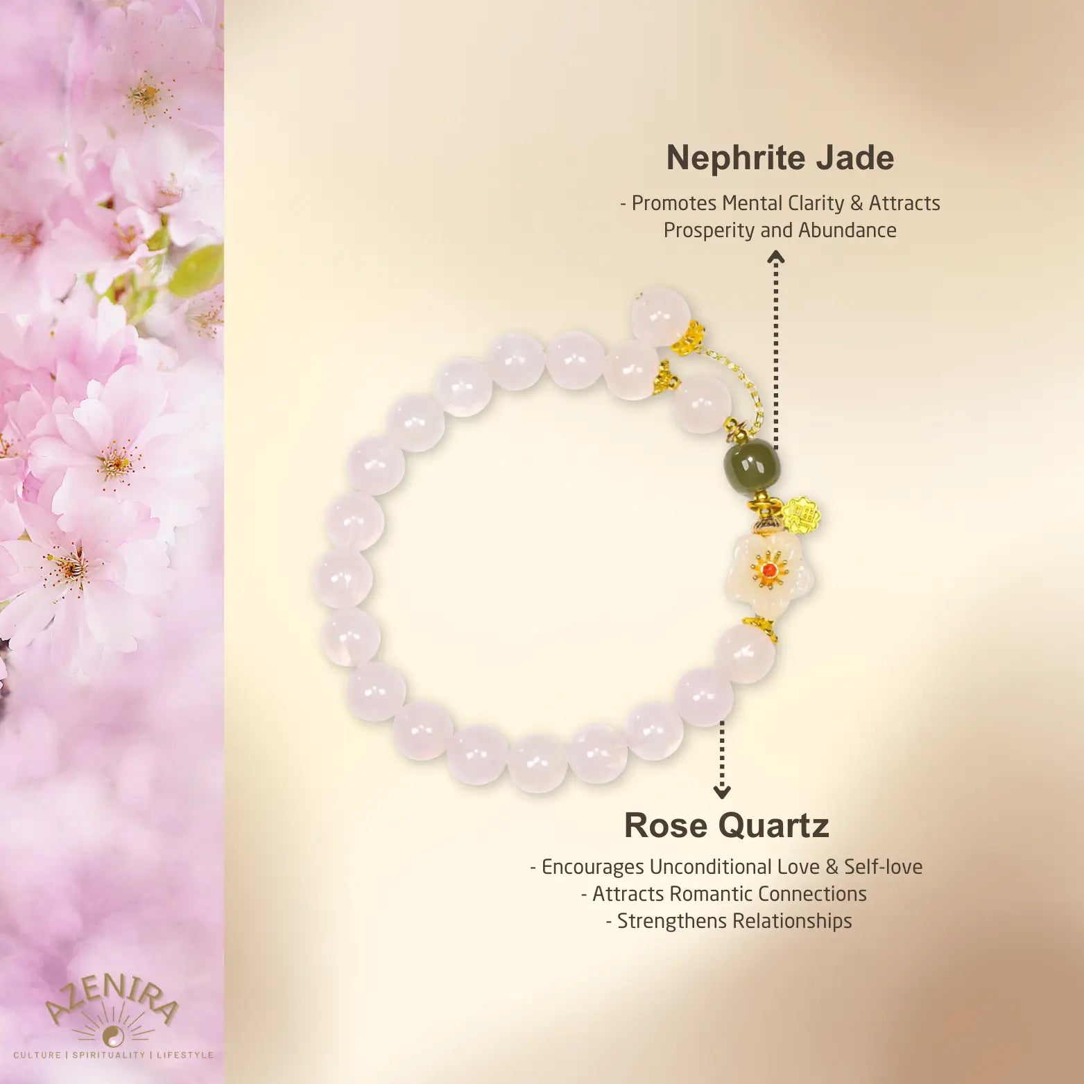 All Crystal Intentions of 8.7mm Rose Quartz Bracelet with Sakura Carving