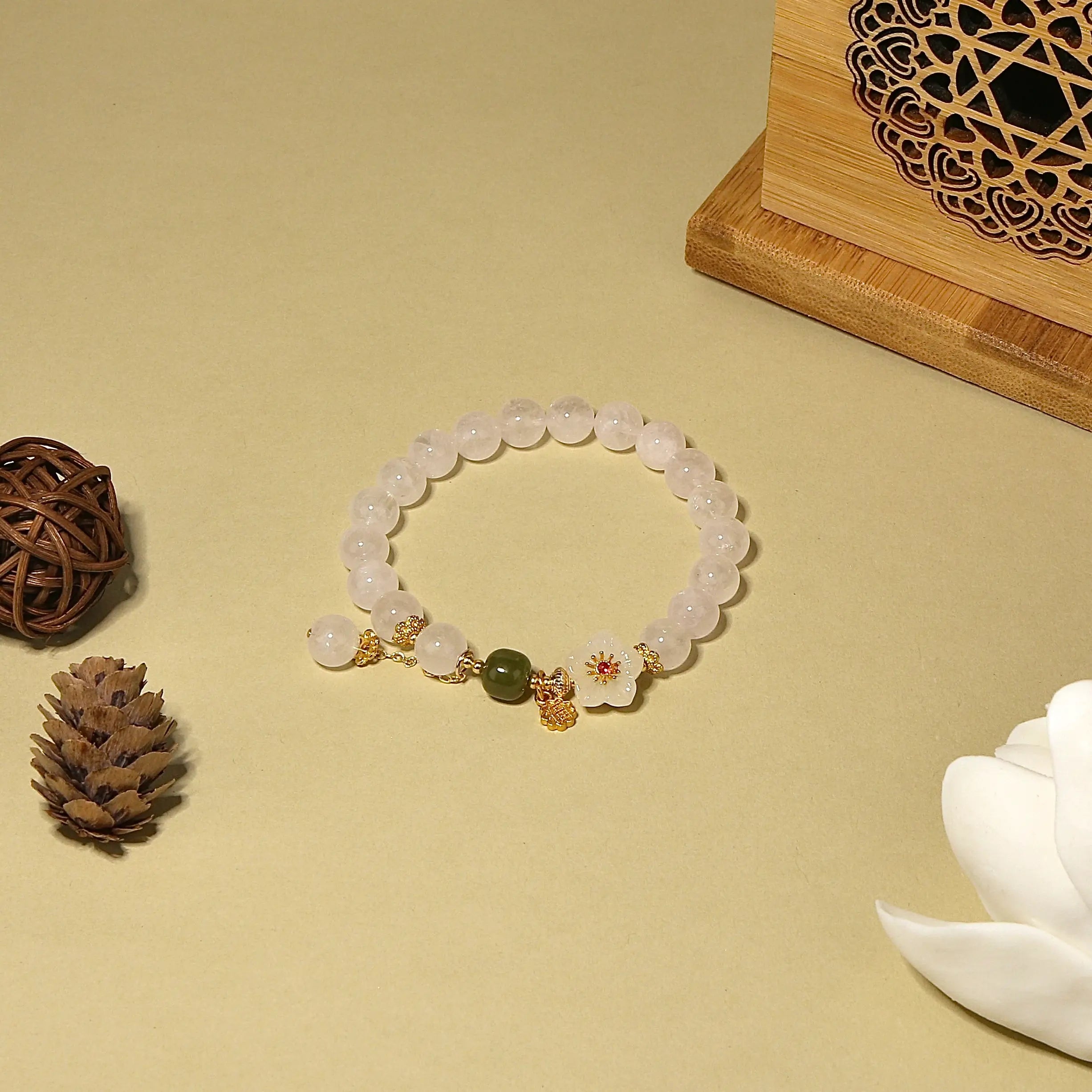 8.7mm Rose Quartz Bracelet with Sakura Carving, Designed for Love and Relationship