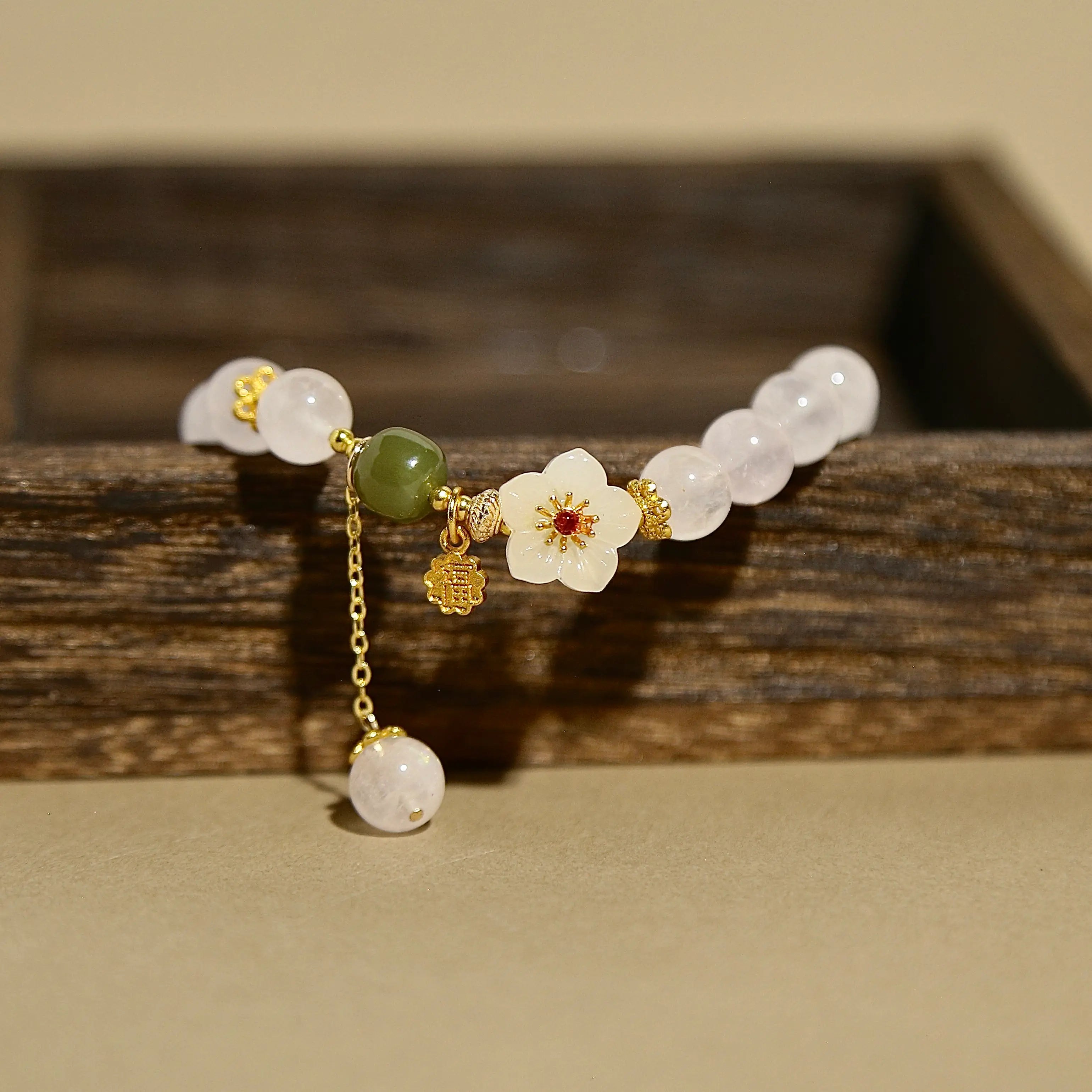 8.7mm Rose Quartz Bracelet with Sakura Carving, Designed for Love and Relationship