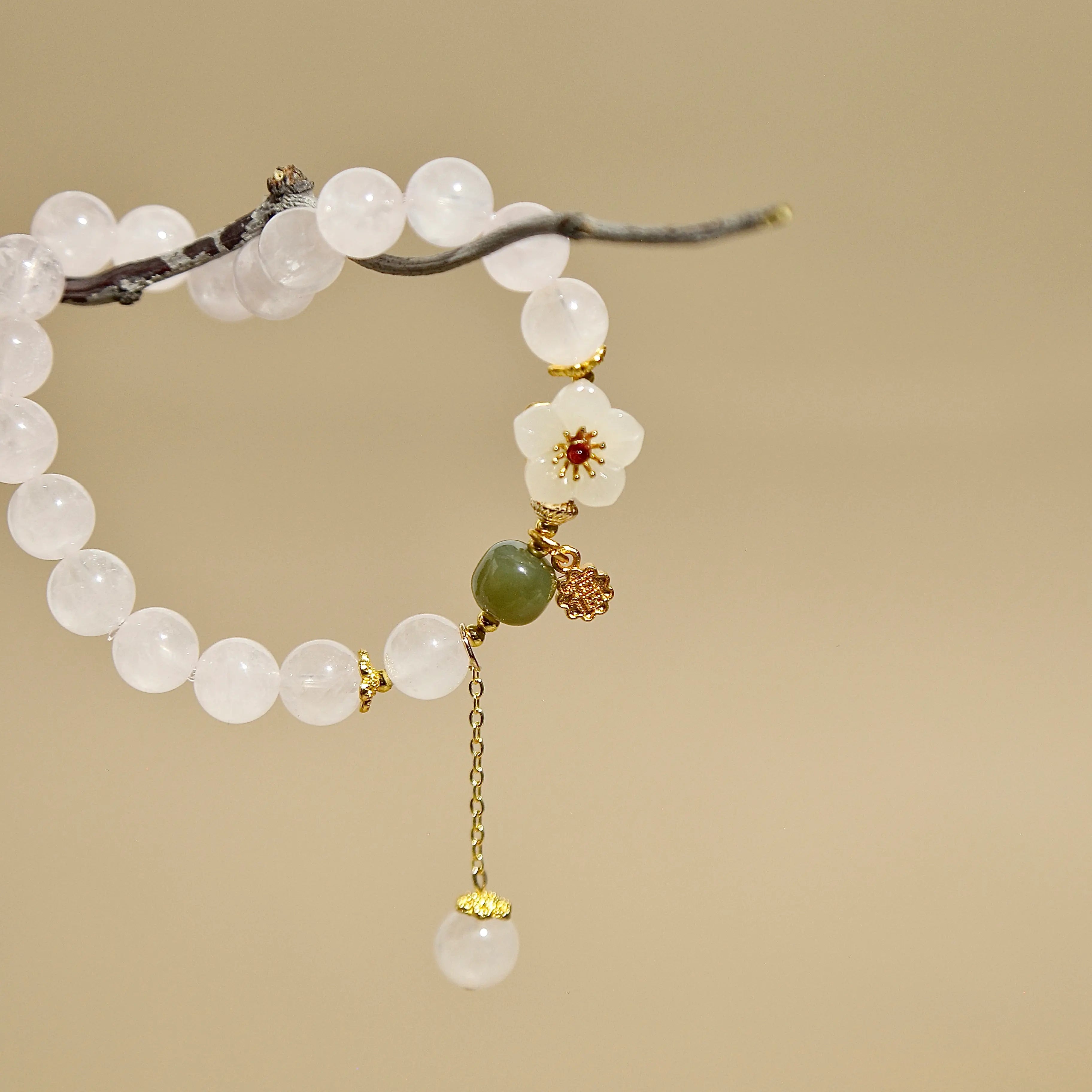 8.7mm Rose Quartz Bracelet with Sakura Carving, Designed for Love and Relationship