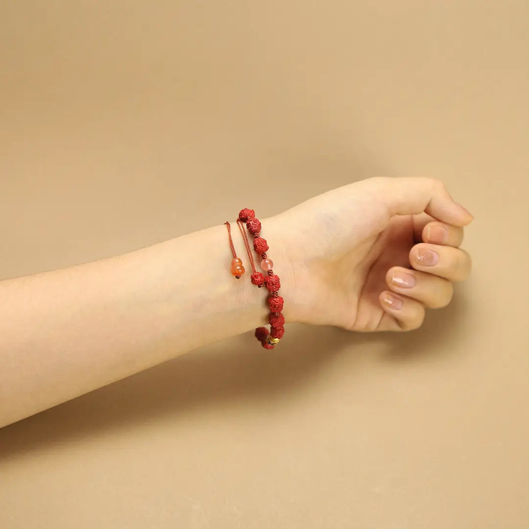 8mm Cinnabar Pixiu Lion Bracelet with Jade & Wealth Charms