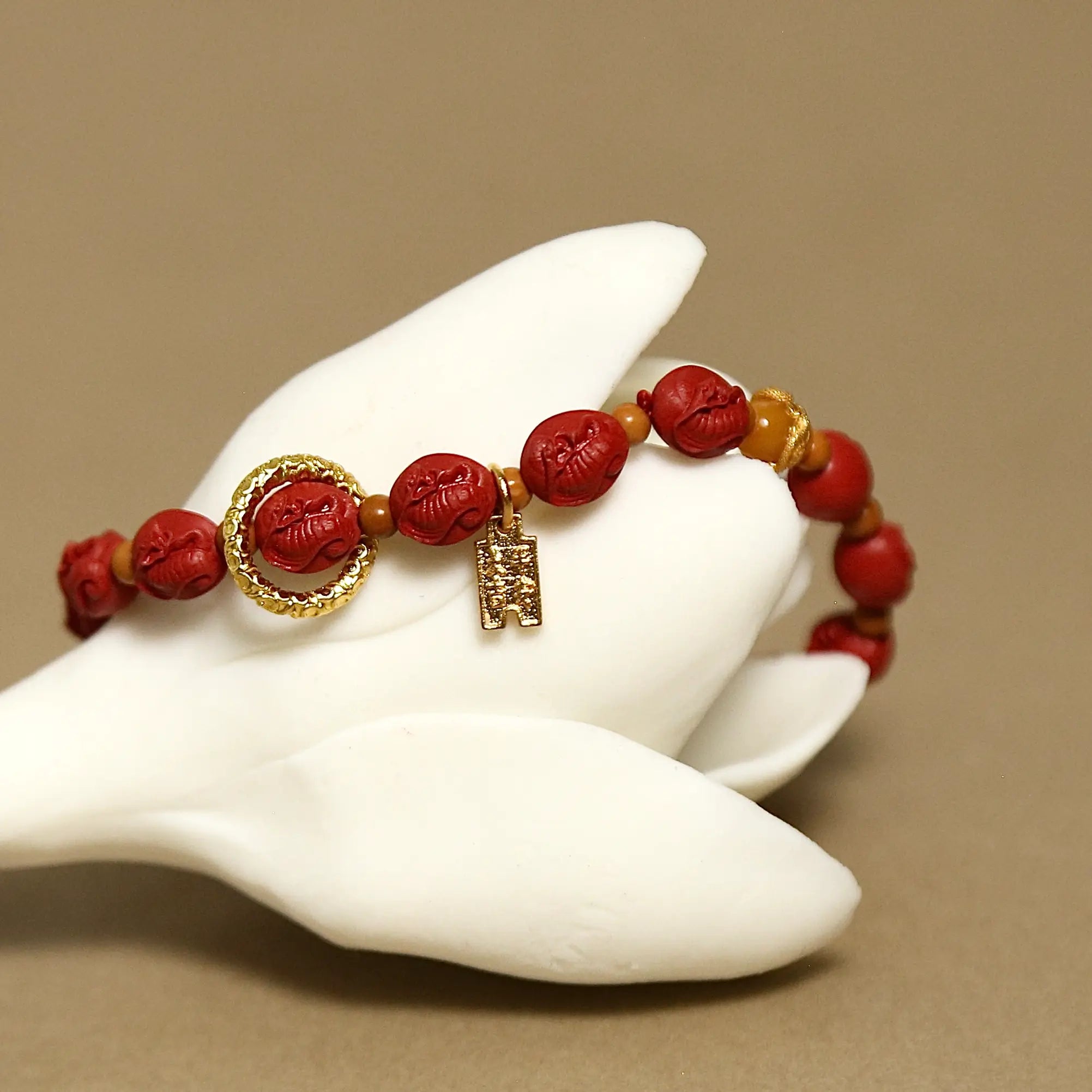 8mm Cinnabar Snake Talisman Bracelet with Amber & Ancient Coin, Designed for Wealth and Protection