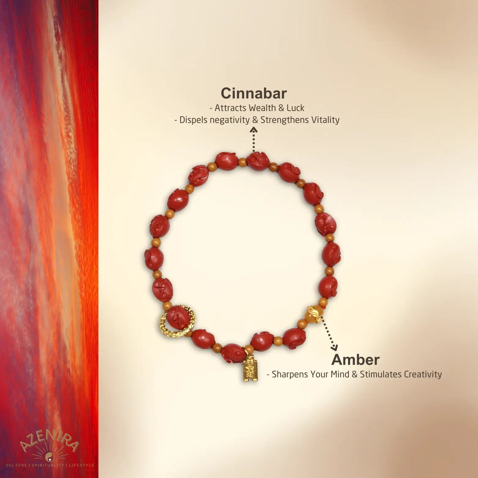All Crystal Intentions of 8mm Cinnabar Snake Talisman Bracelet with Amber & Ancient Coin