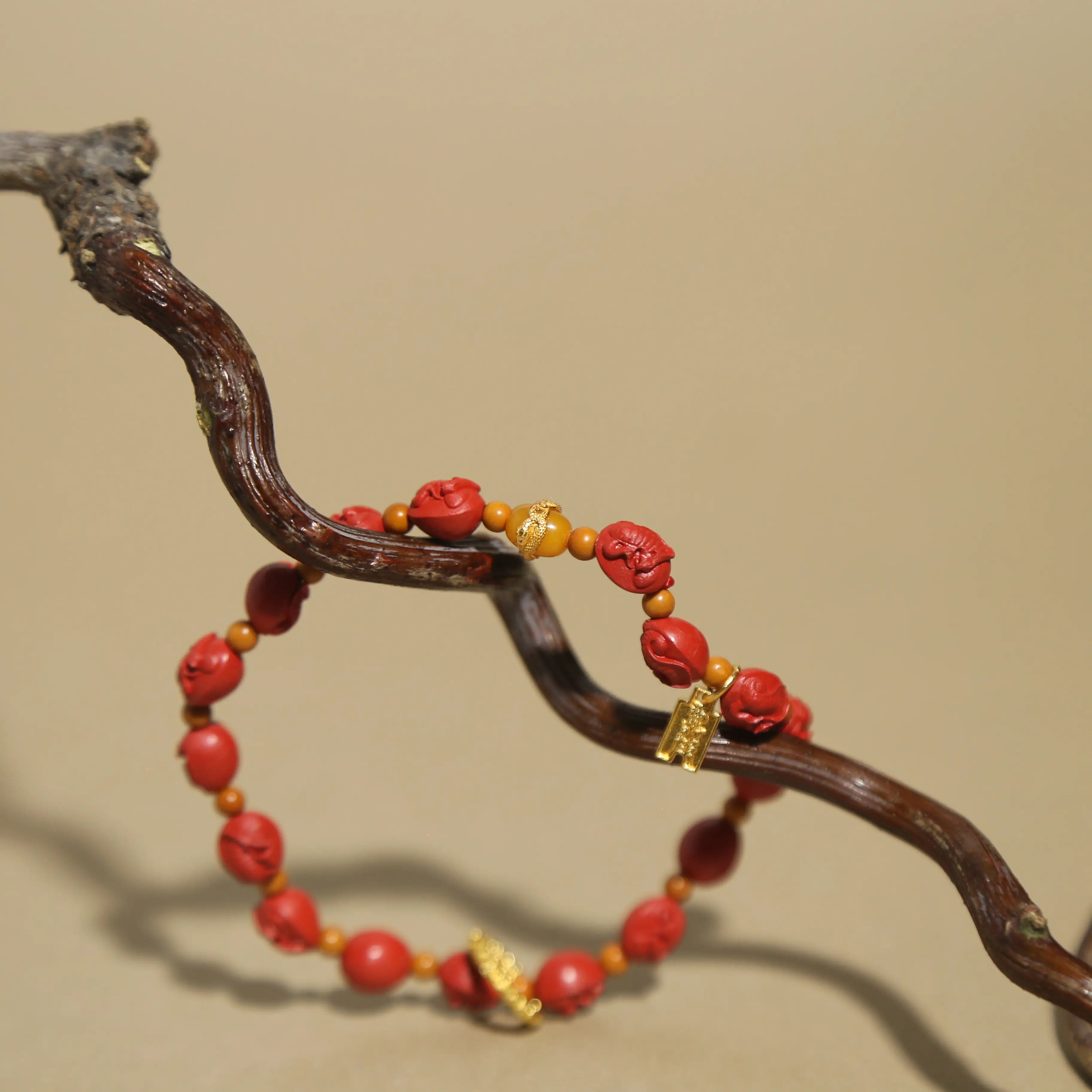 8mm Cinnabar Snake Talisman Bracelet with Amber & Ancient Coin, Designed for Wealth and Protection
