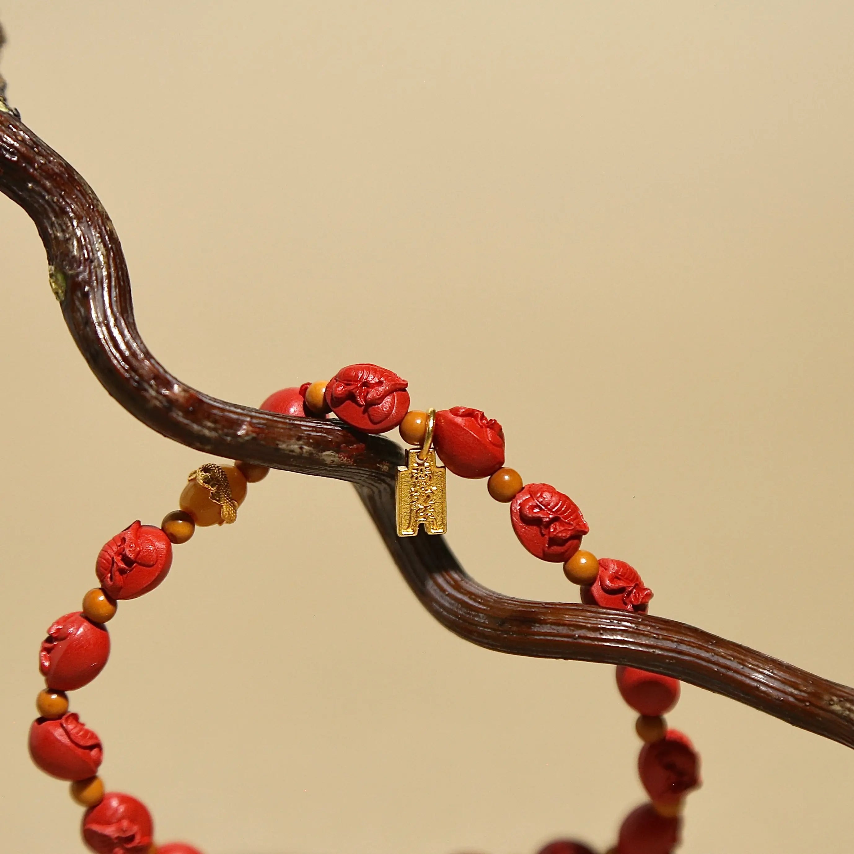8mm Cinnabar Snake Talisman Bracelet with Amber & Ancient Coin, Designed for Wealth and Protection