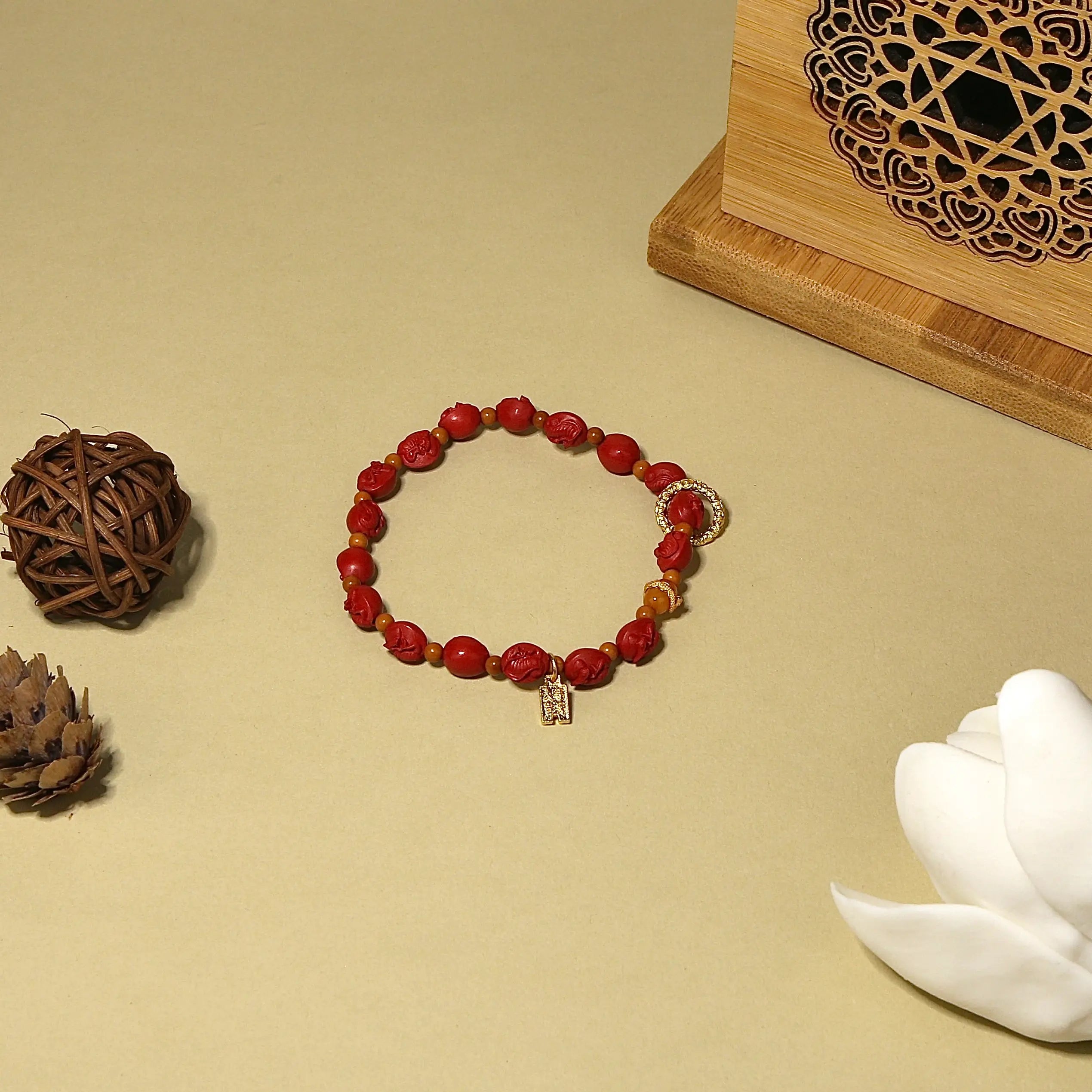 8mm Cinnabar Snake Talisman Bracelet with Amber & Ancient Coin, Designed for Wealth and Protection