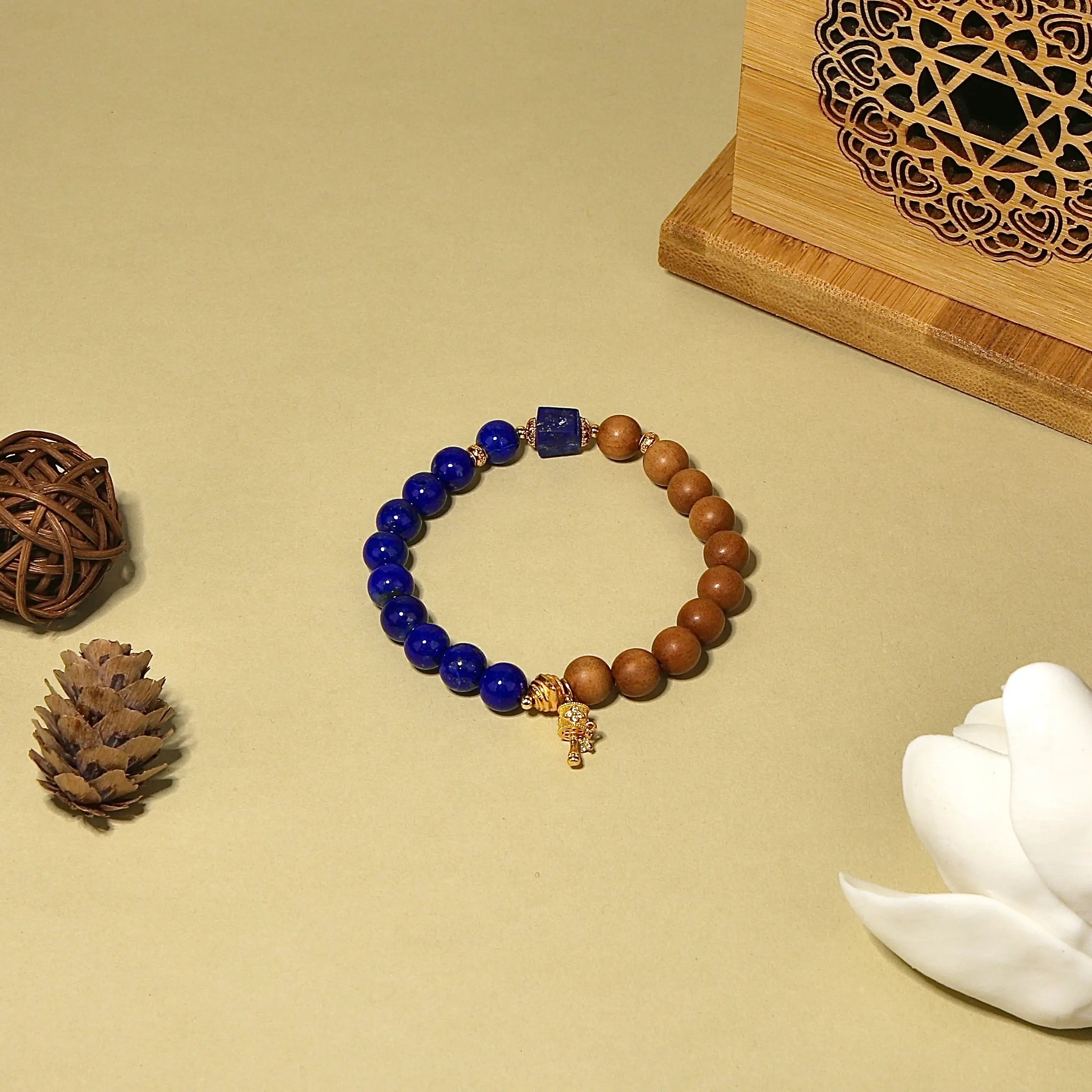 8mm Lapis Lazuli & Sandalwood Bracelet with Prayer Wheel