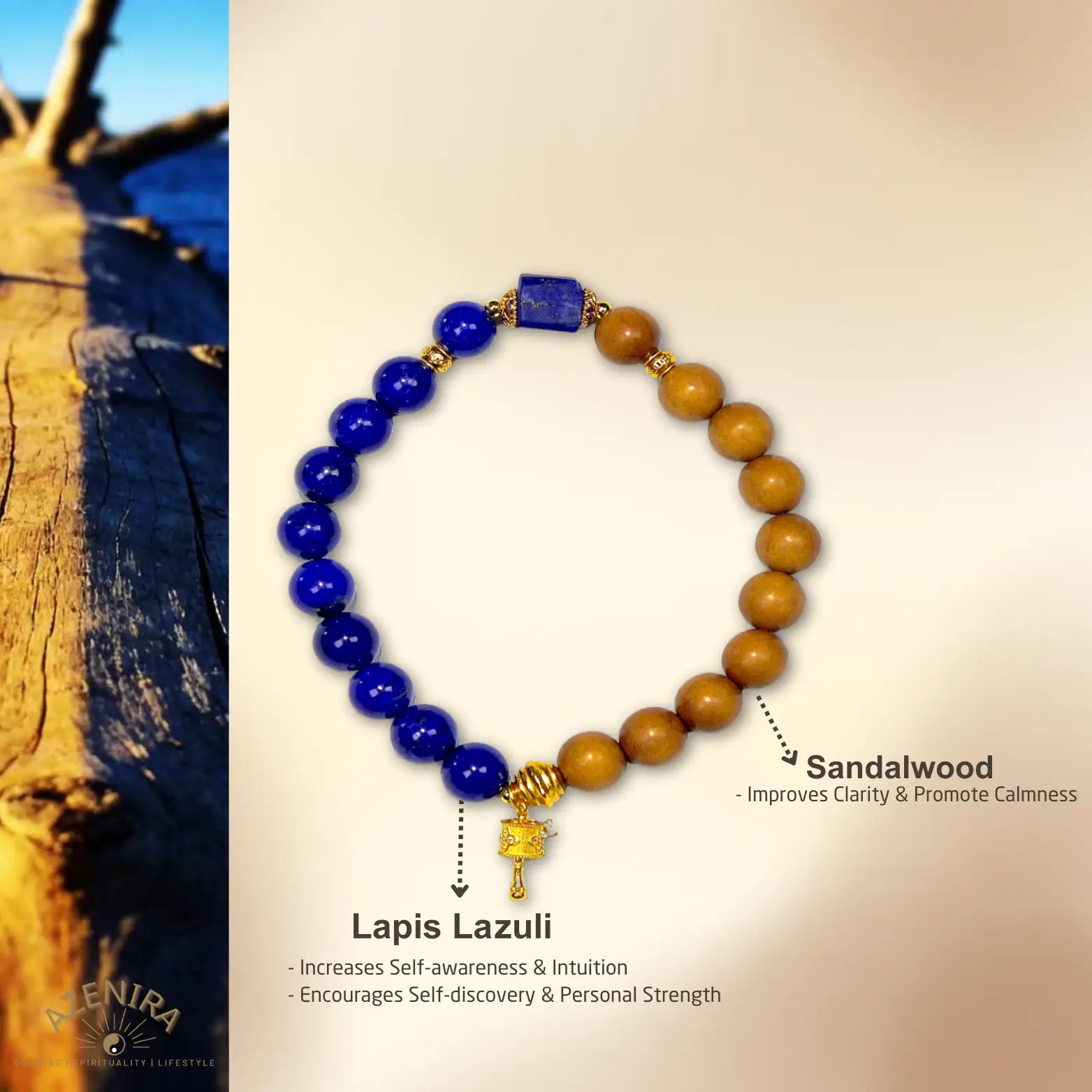 All Crystal Intentions of 8mm Lapis Lazuli & Sandalwood Bracelet with Prayer Wheel