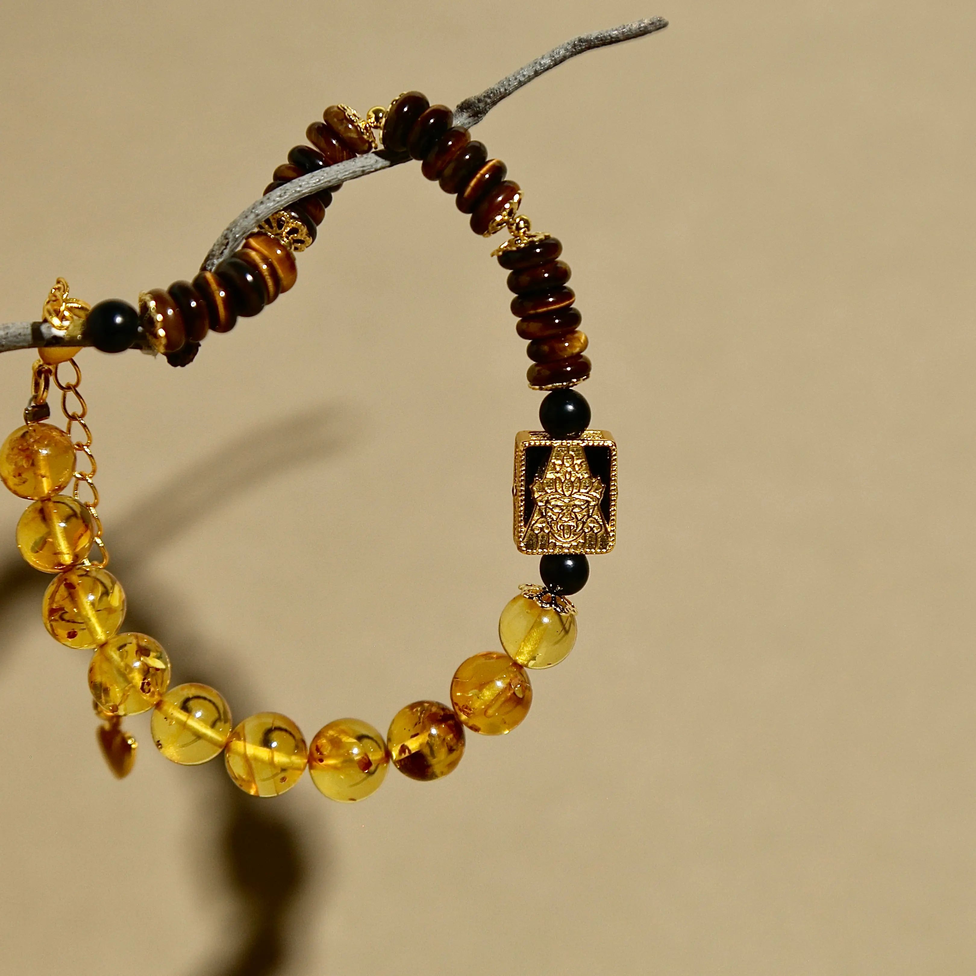 8mm Natural Flower Amber & Tiger Eye Bracelet | Zambala Buddha Protection