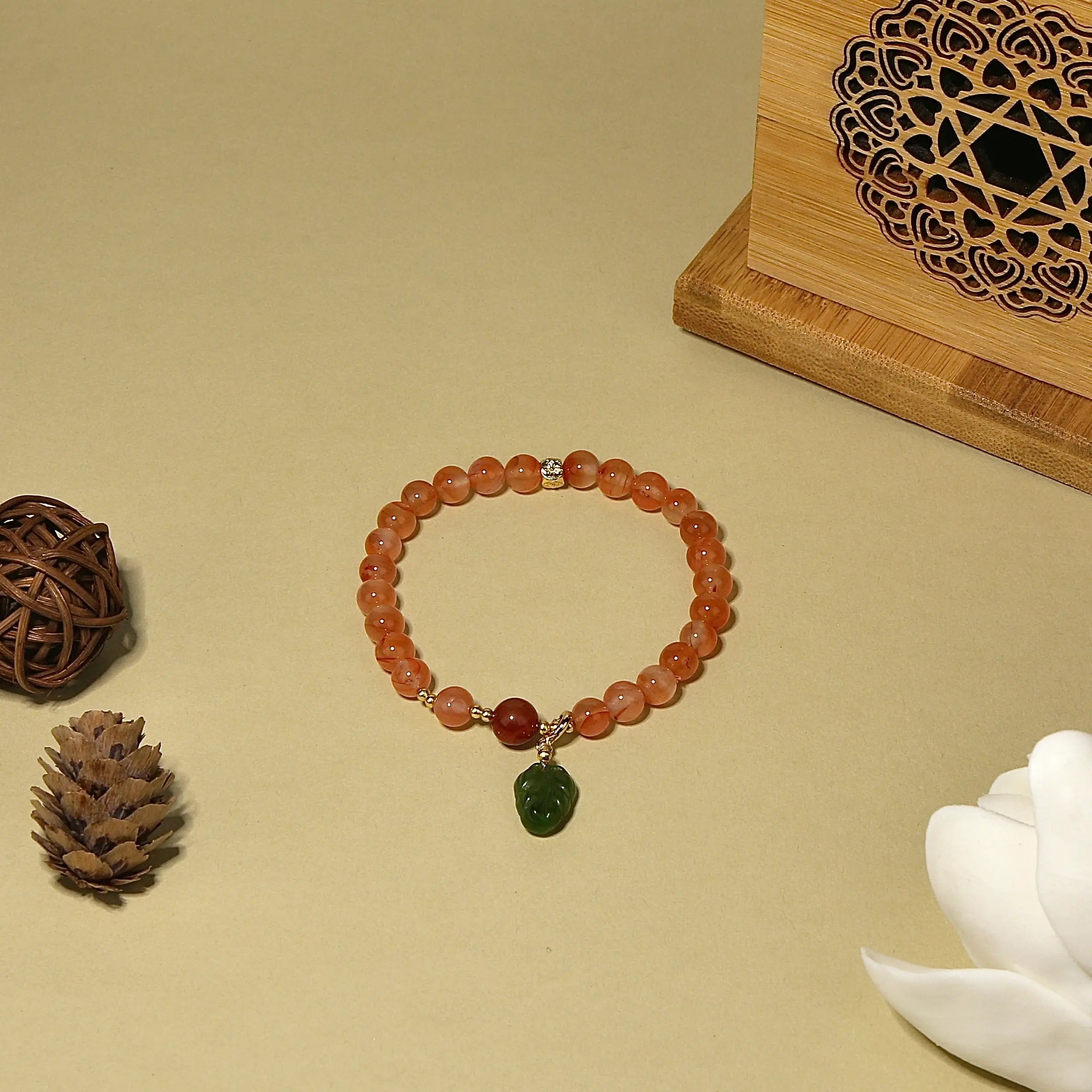 8mm Red Agate Bracelet with Green Jade Leaf Pendant, Designed for Love and Relationship