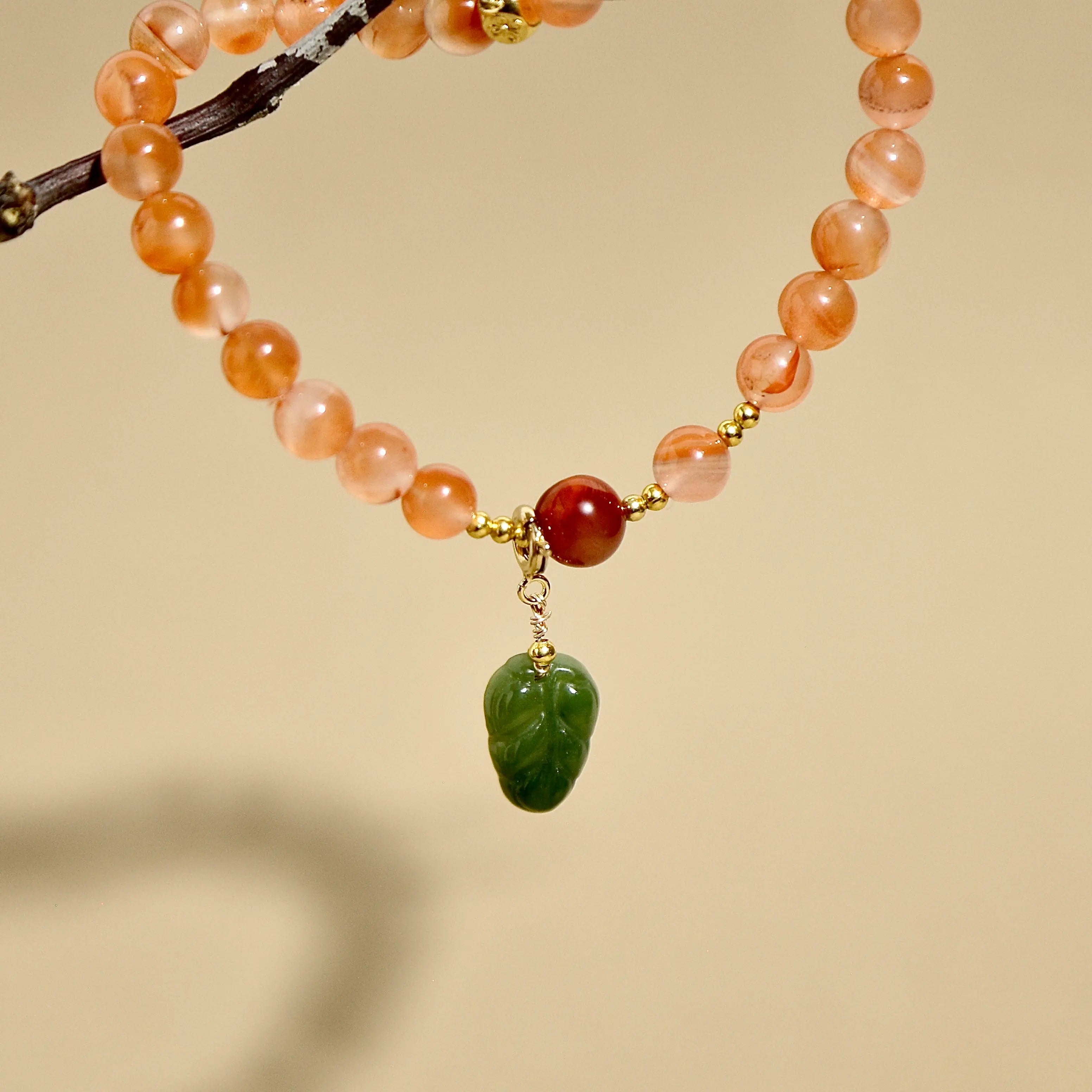 8mm Red Agate Bracelet with Green Jade Leaf Pendant, Designed for Love and Relationship