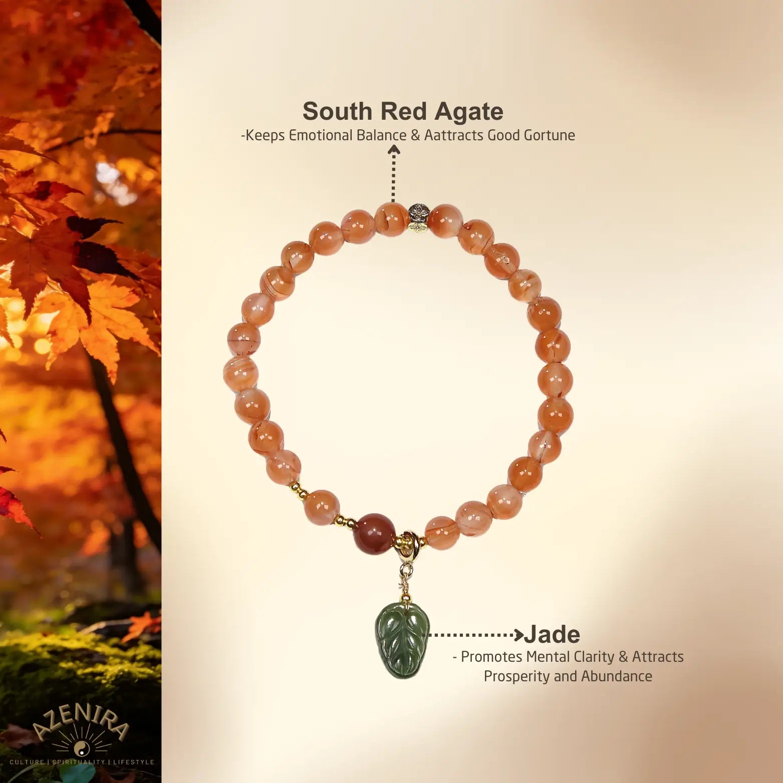 All Crystal Intentions of 8mm Red Agate Bracelet with Green Jade Leaf Pendant