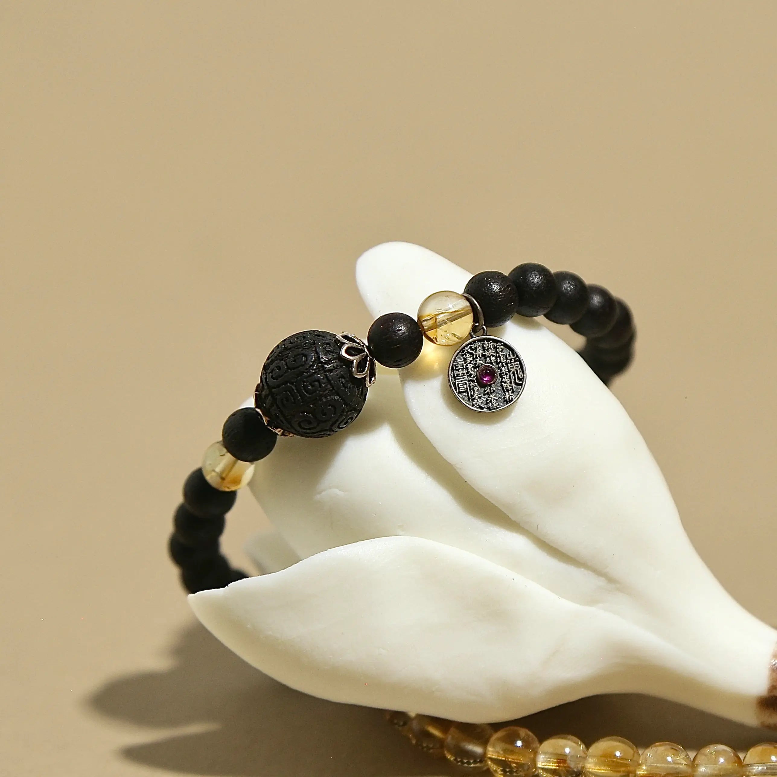 6mm Citrine & Agarwood Double Circle Bracelet with Tourmaline Silver Pendant