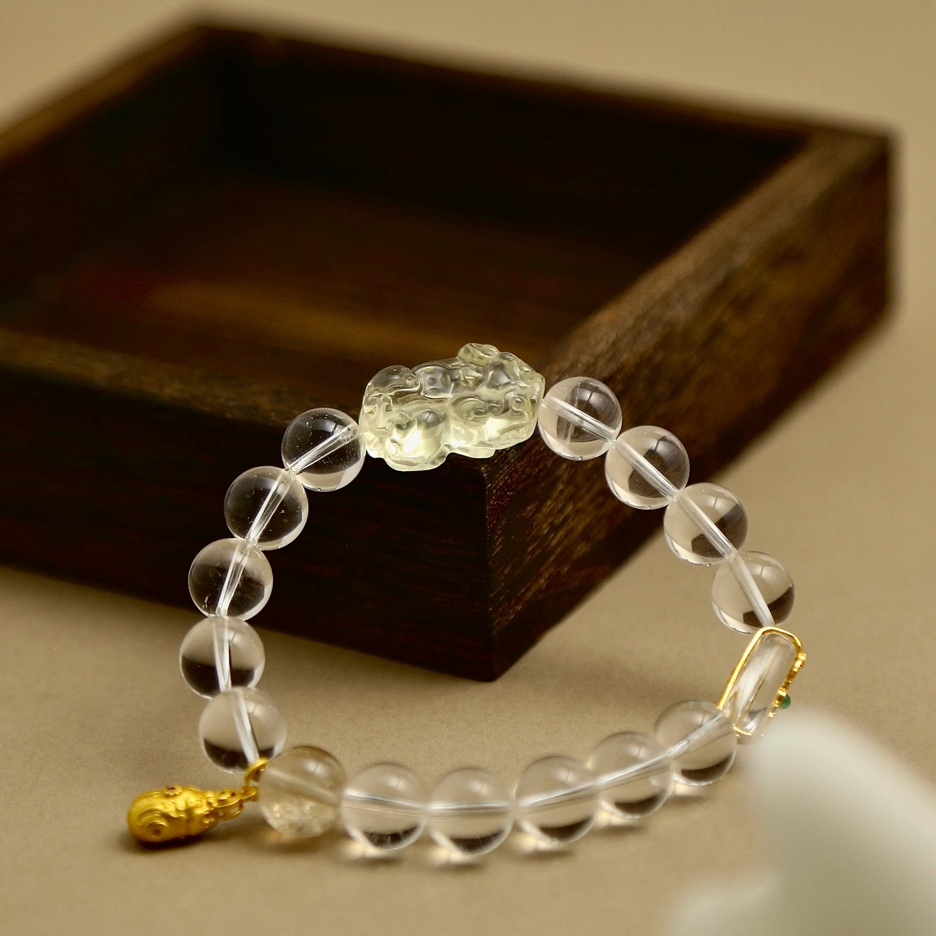 10mm Clear Quartz Bracelet with Citrine Pixiu Carving