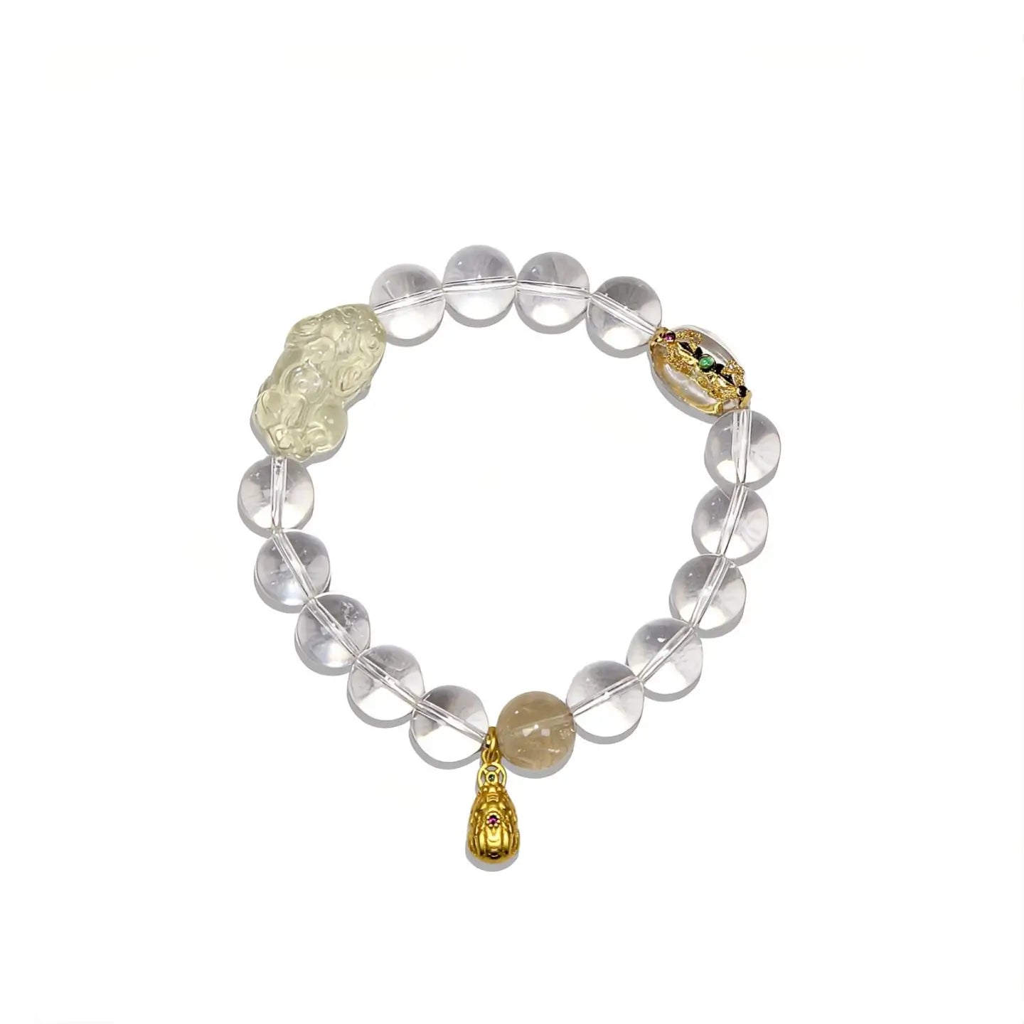 Clear Quartz beaded bracelet featuring a carved yellow wealth charm and gold accent on white background.