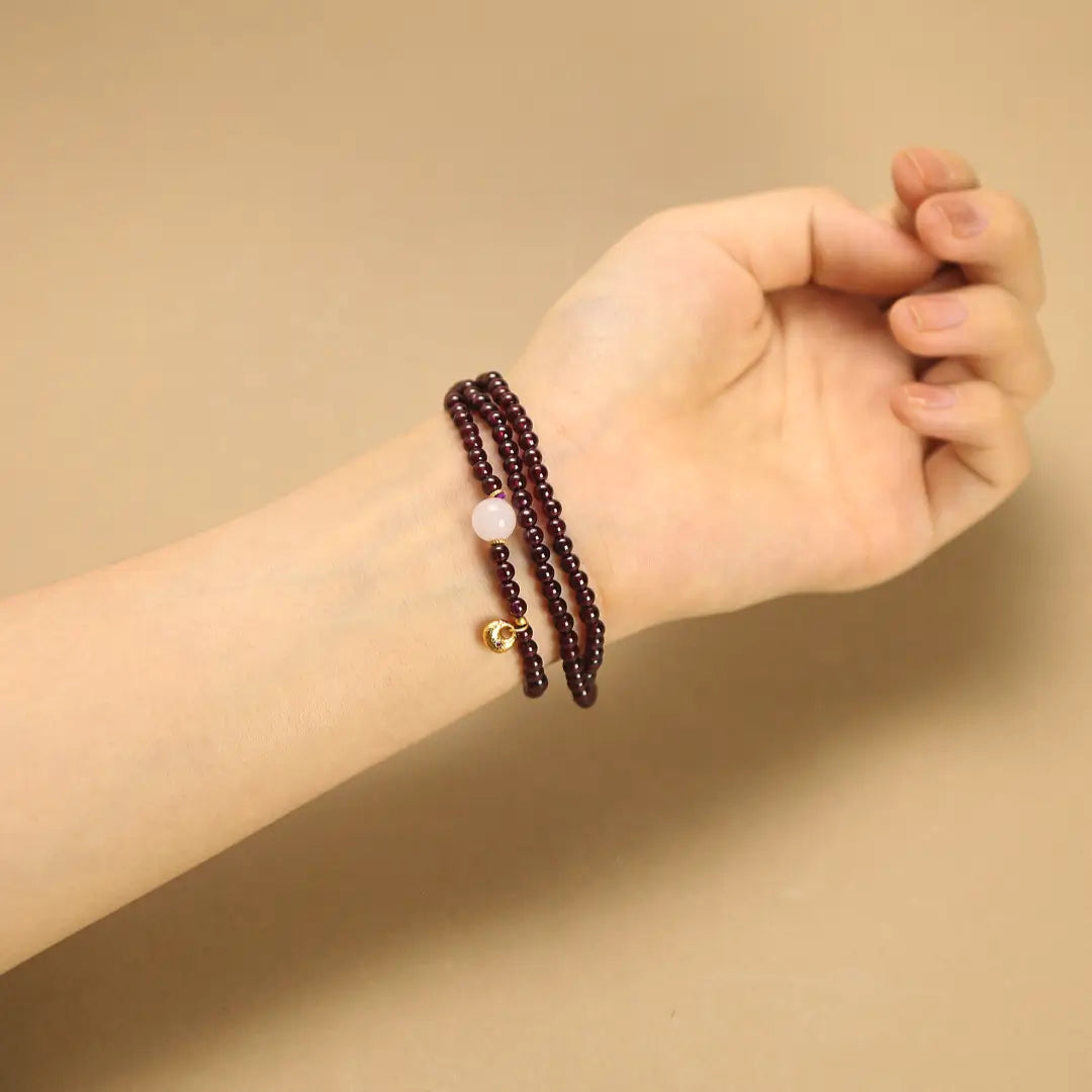 4mm Garnet Multi-Wrap Bracelet with Hetian Jade & Golden Ingot