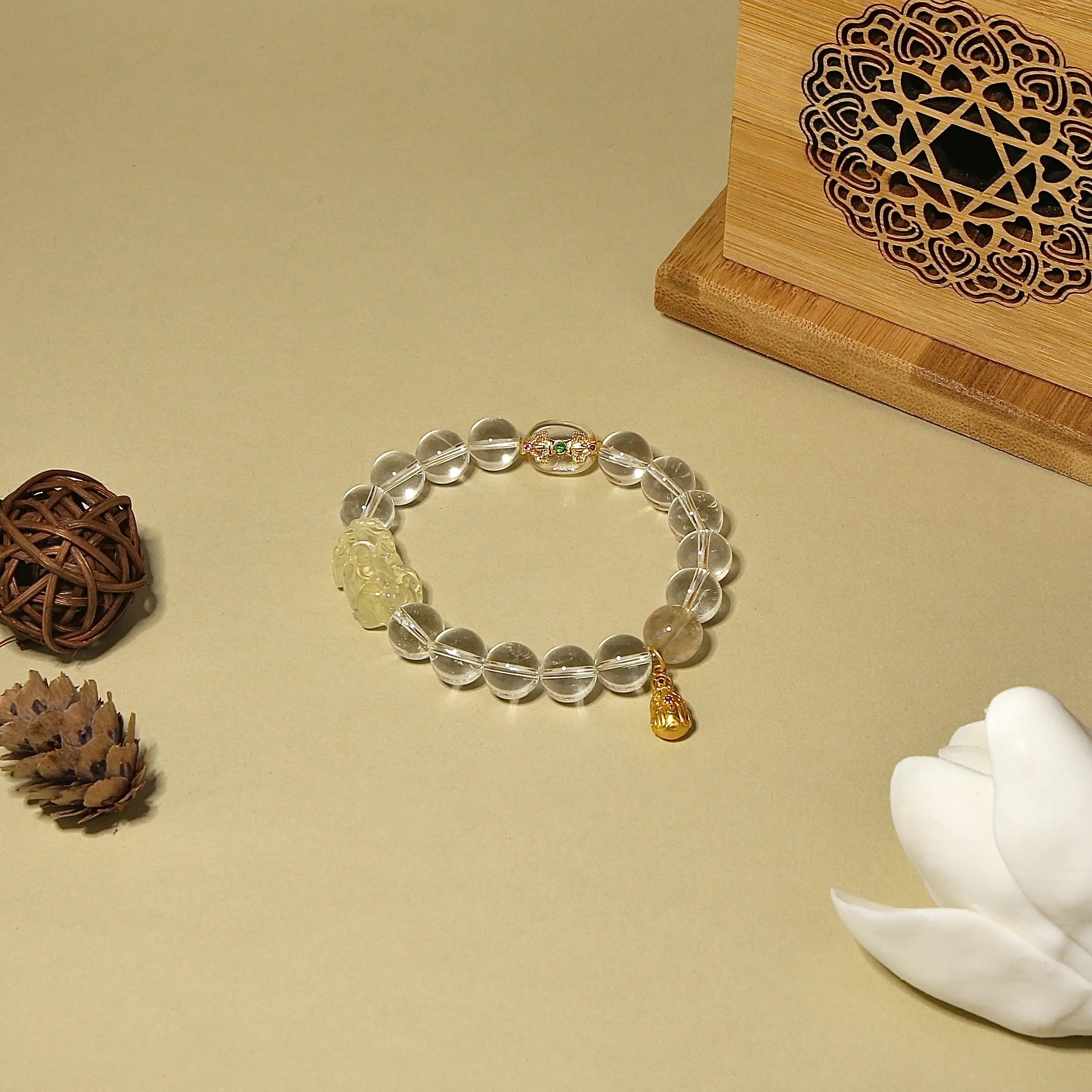 10mm Clear Quartz Bracelet with Citrine Pixiu Carving