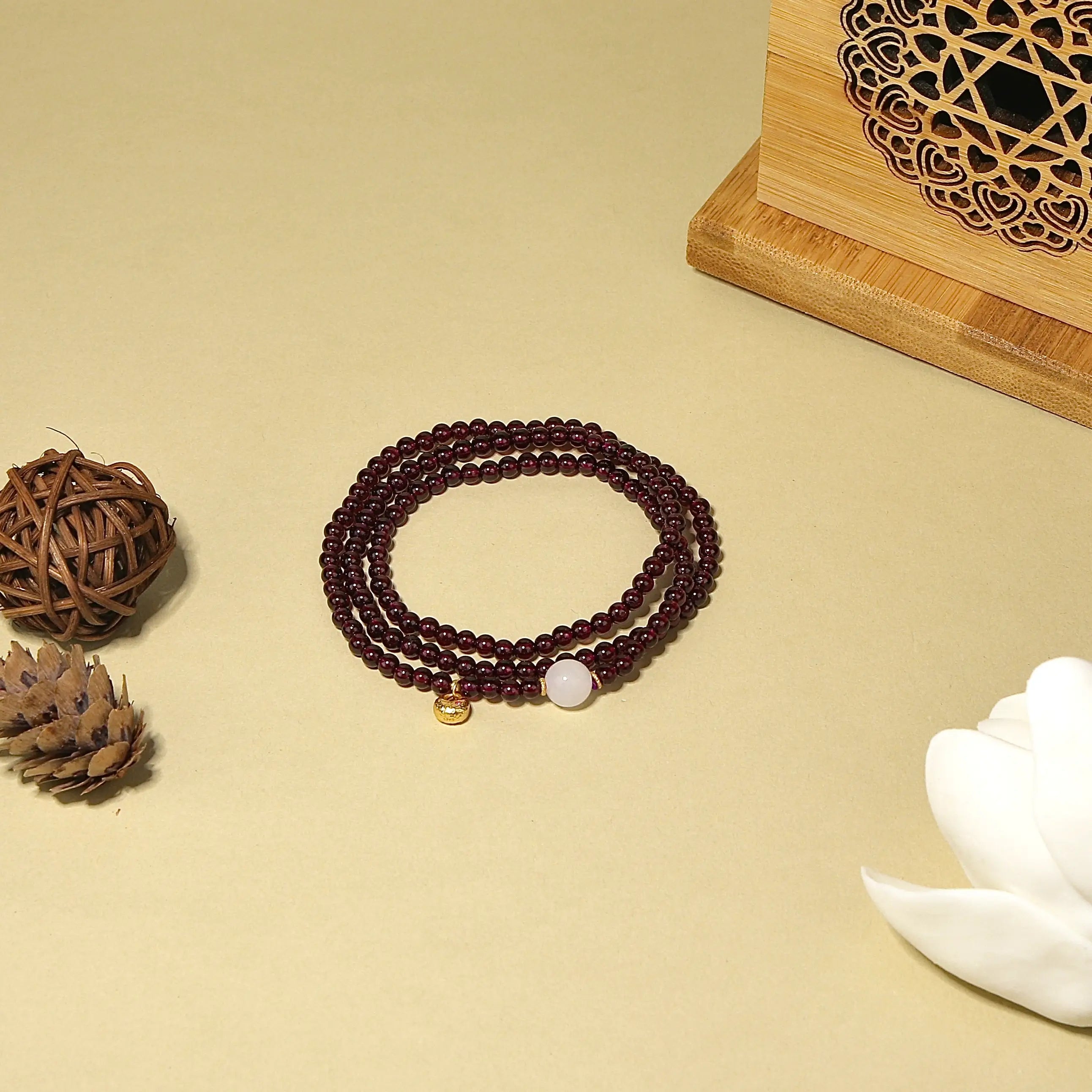 4mm Garnet Multi-Wrap Bracelet with Hetian Jade & Golden Ingot