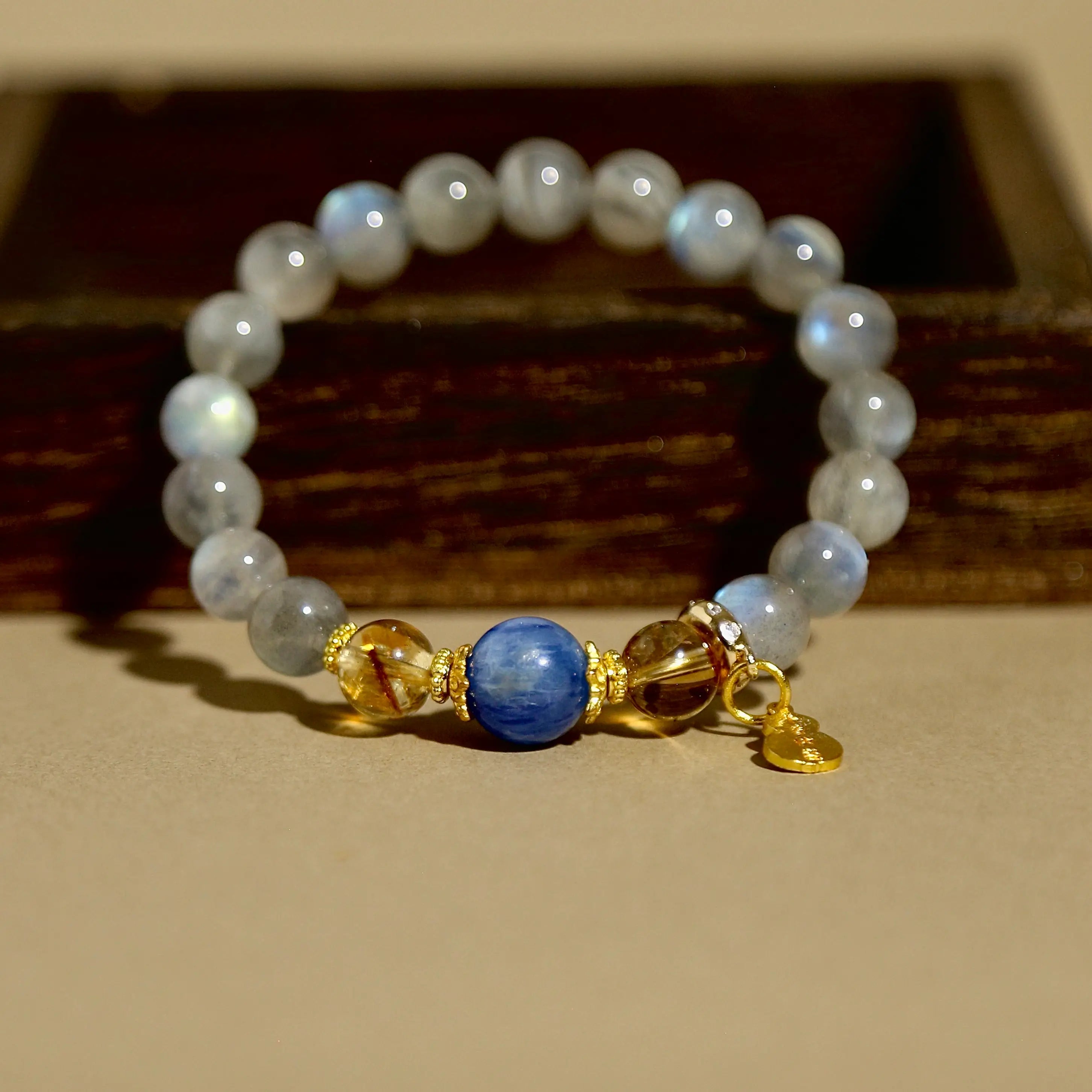 10mm Moonstone & Kyanite Harmony Bracelet with Gourd Charm