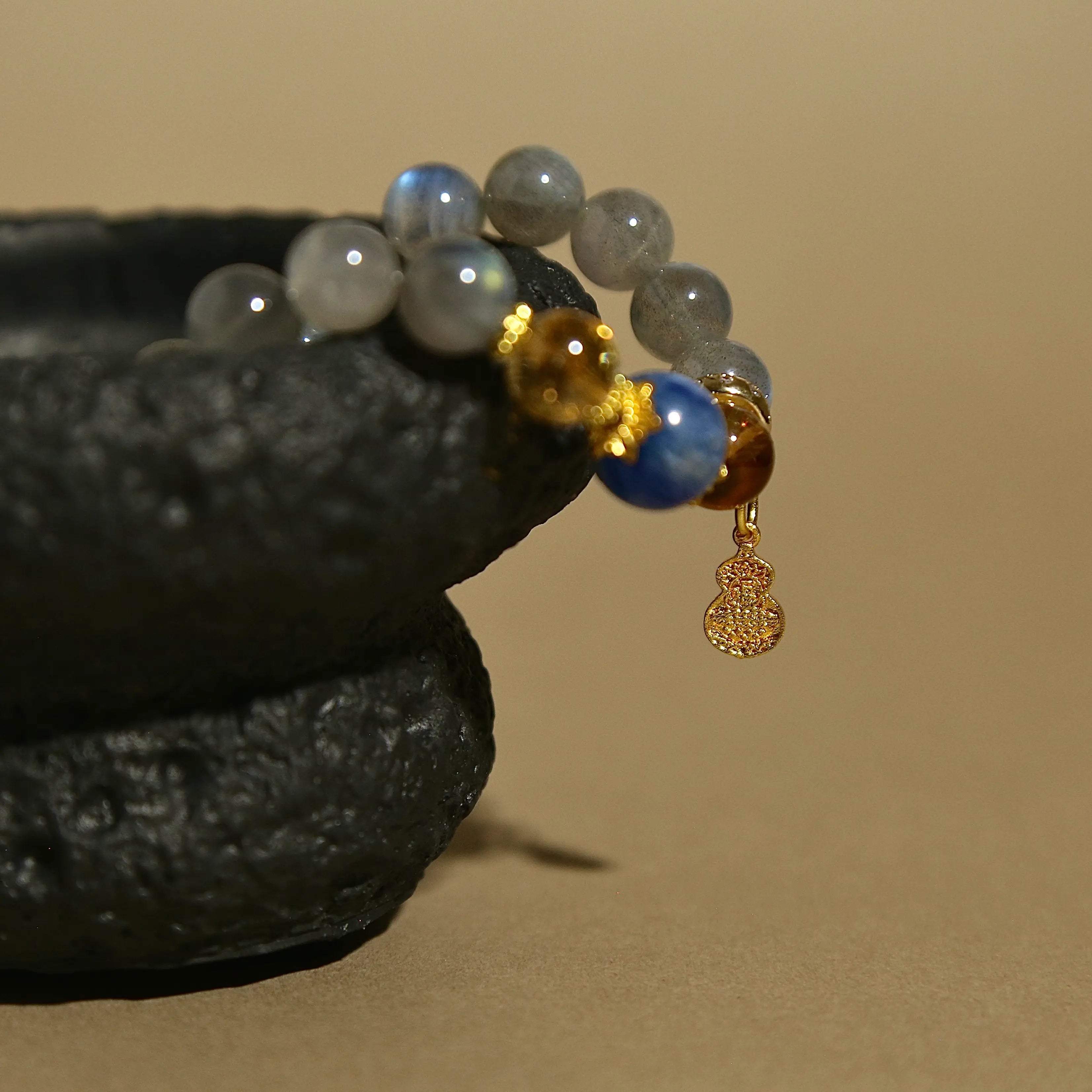 10mm Moonstone & Kyanite Harmony Bracelet with Gourd Charm