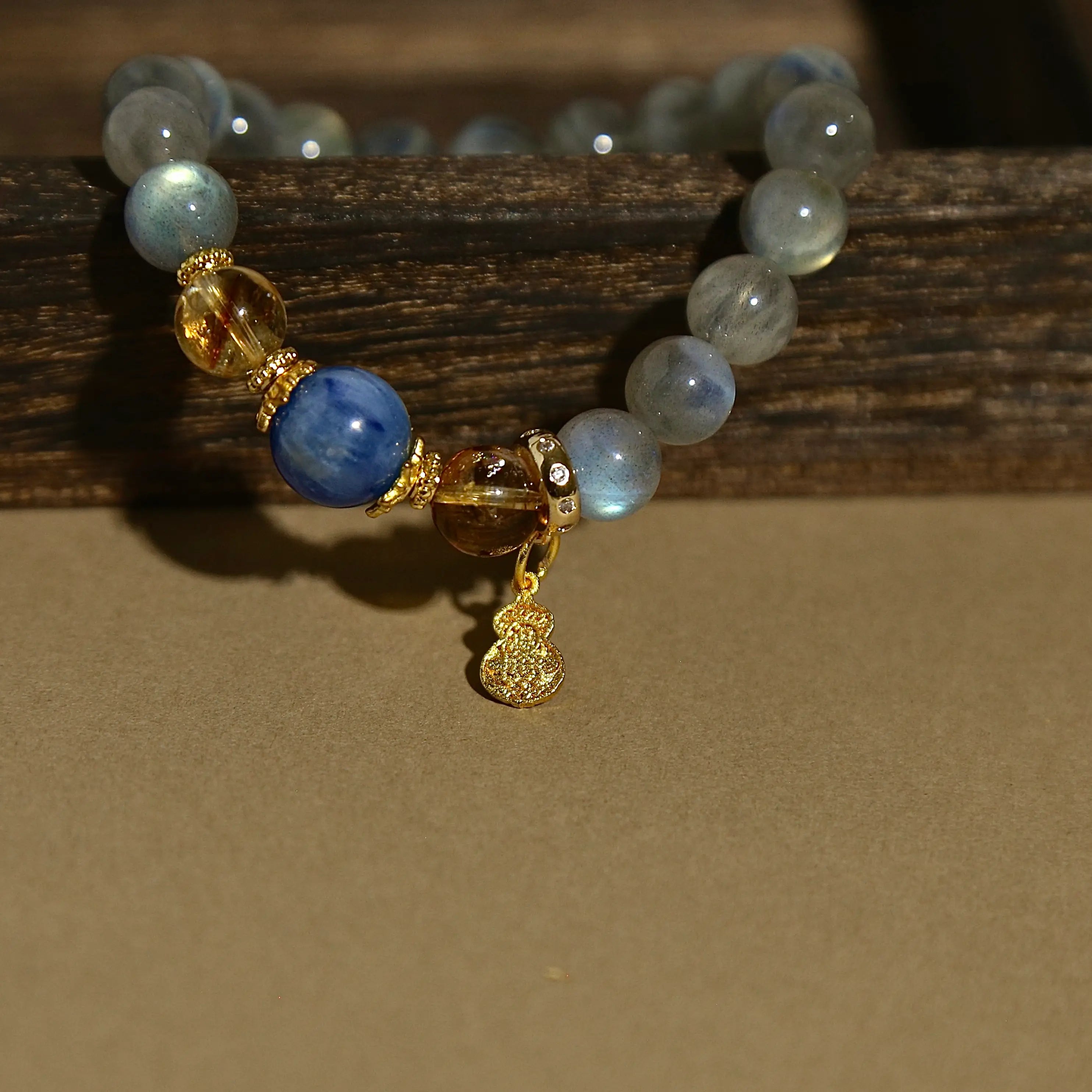 10mm Moonstone & Kyanite Harmony Bracelet with Gourd Charm