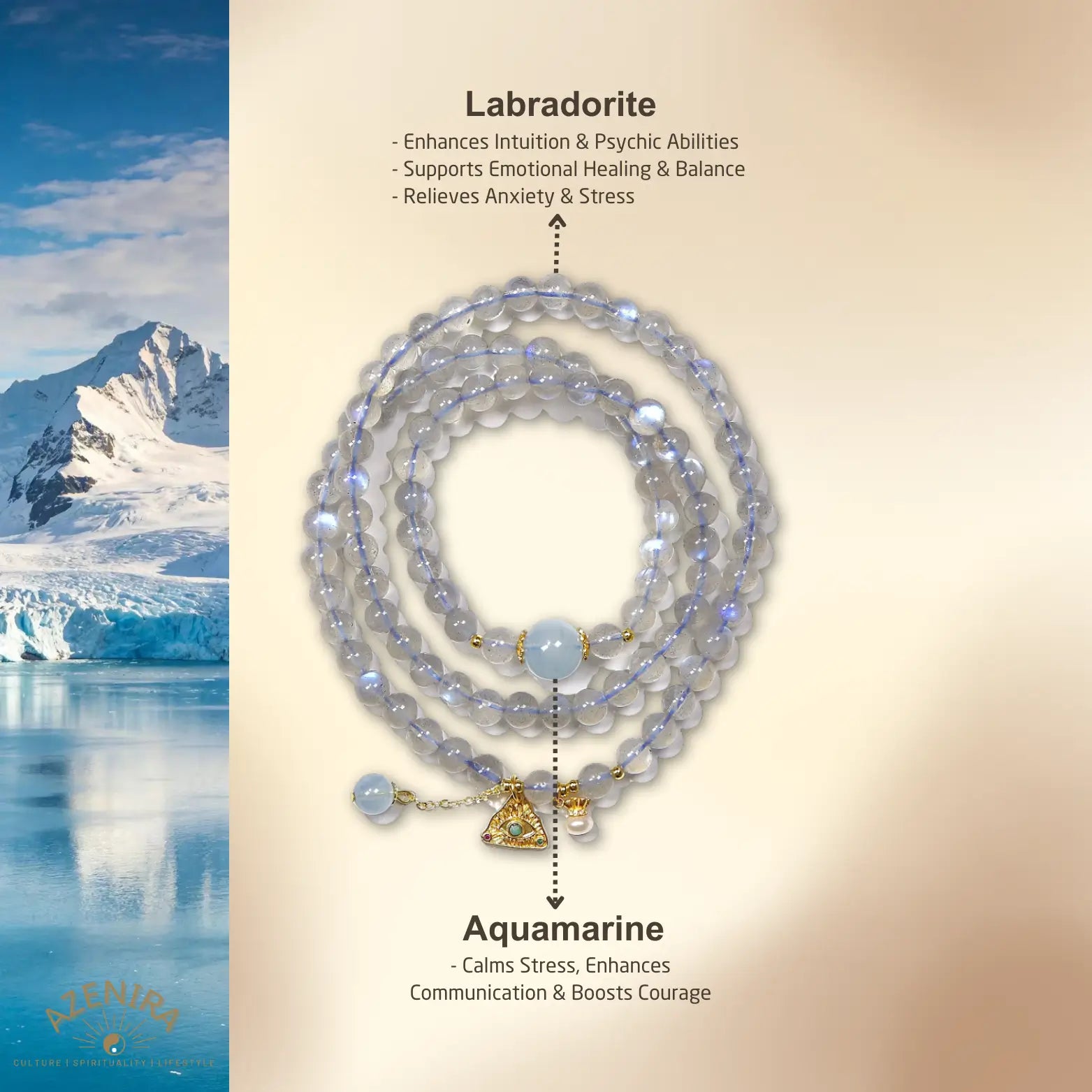 All Crystal Intentions of 6.5m Moonstone Multi-Layer Bracelet with Aquamarine & Gourd
