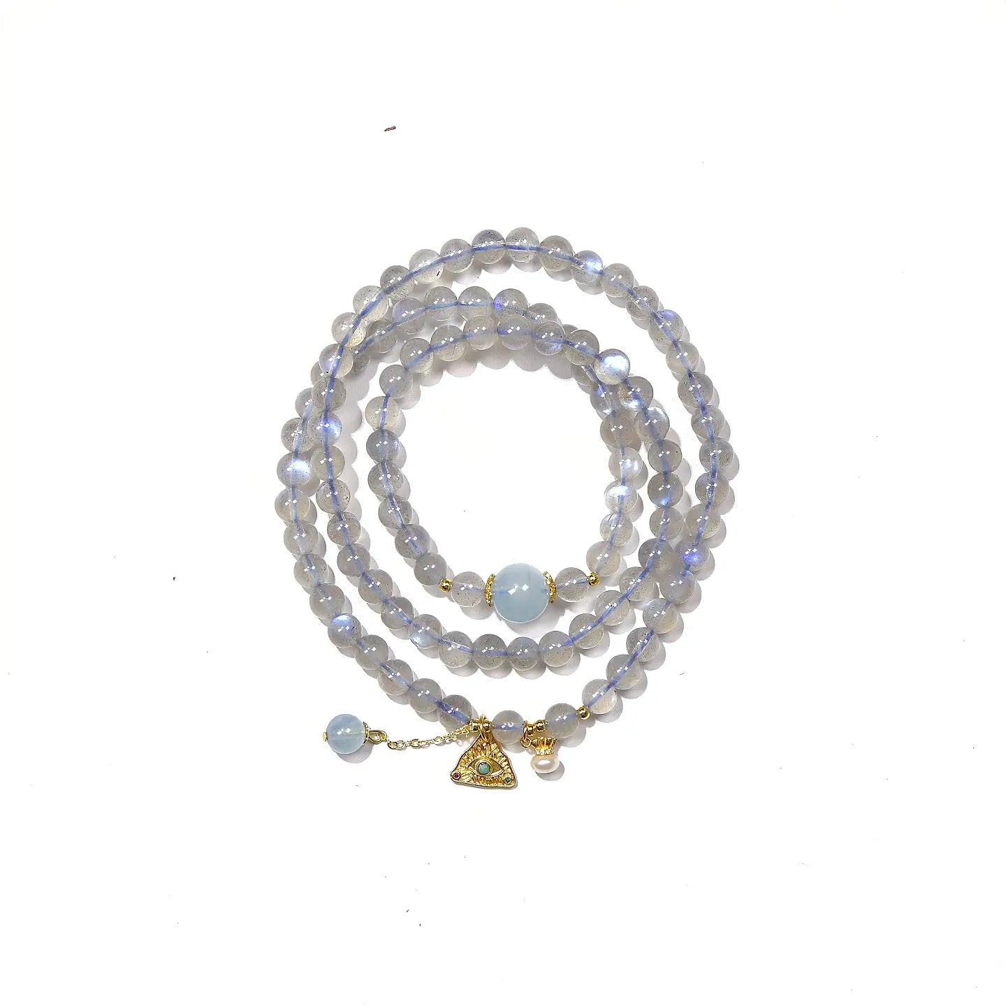 Natural labradorite beaded wrap bracelet featuring a gold triangle charm and small pearl accent.