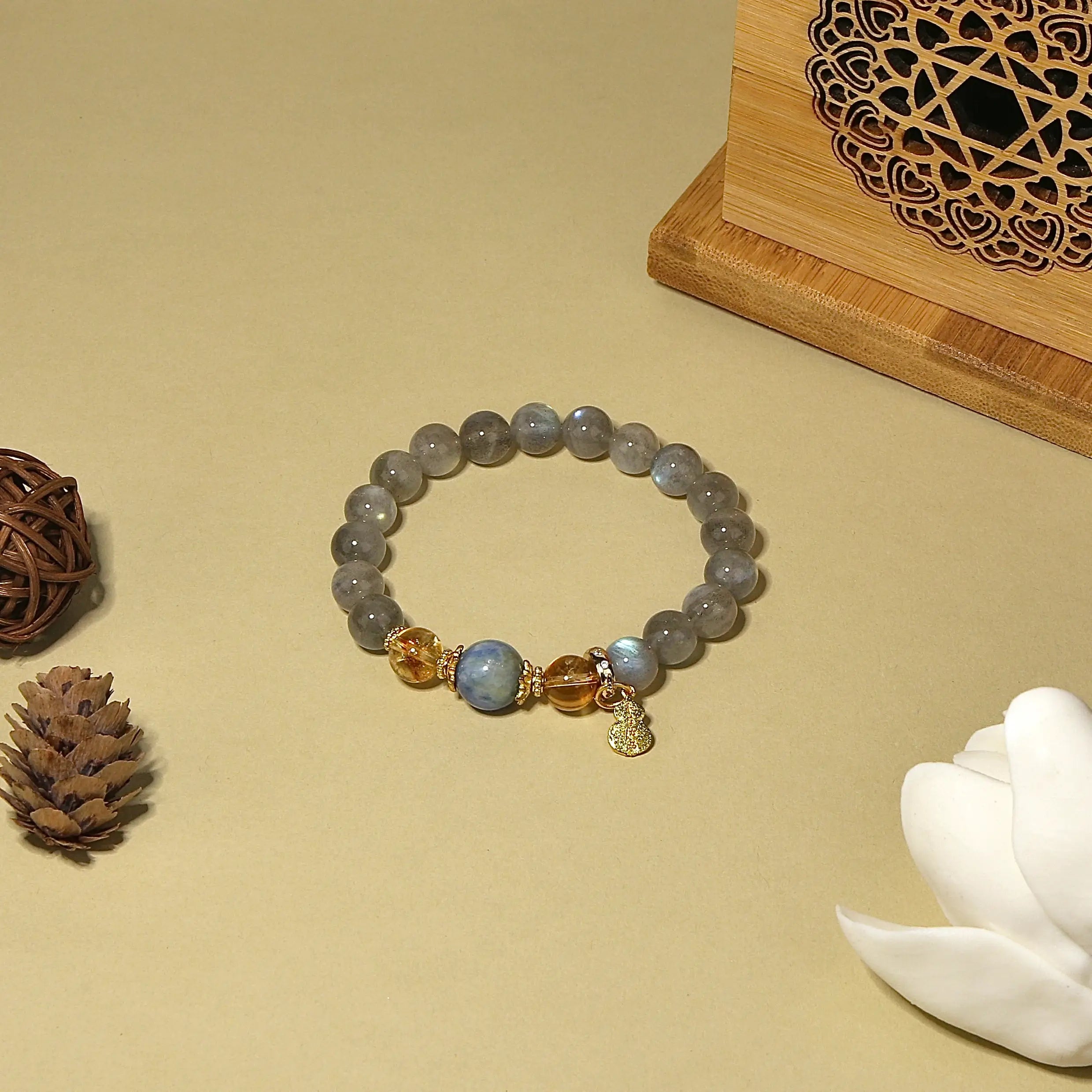 10mm Moonstone & Kyanite Harmony Bracelet with Gourd Charm