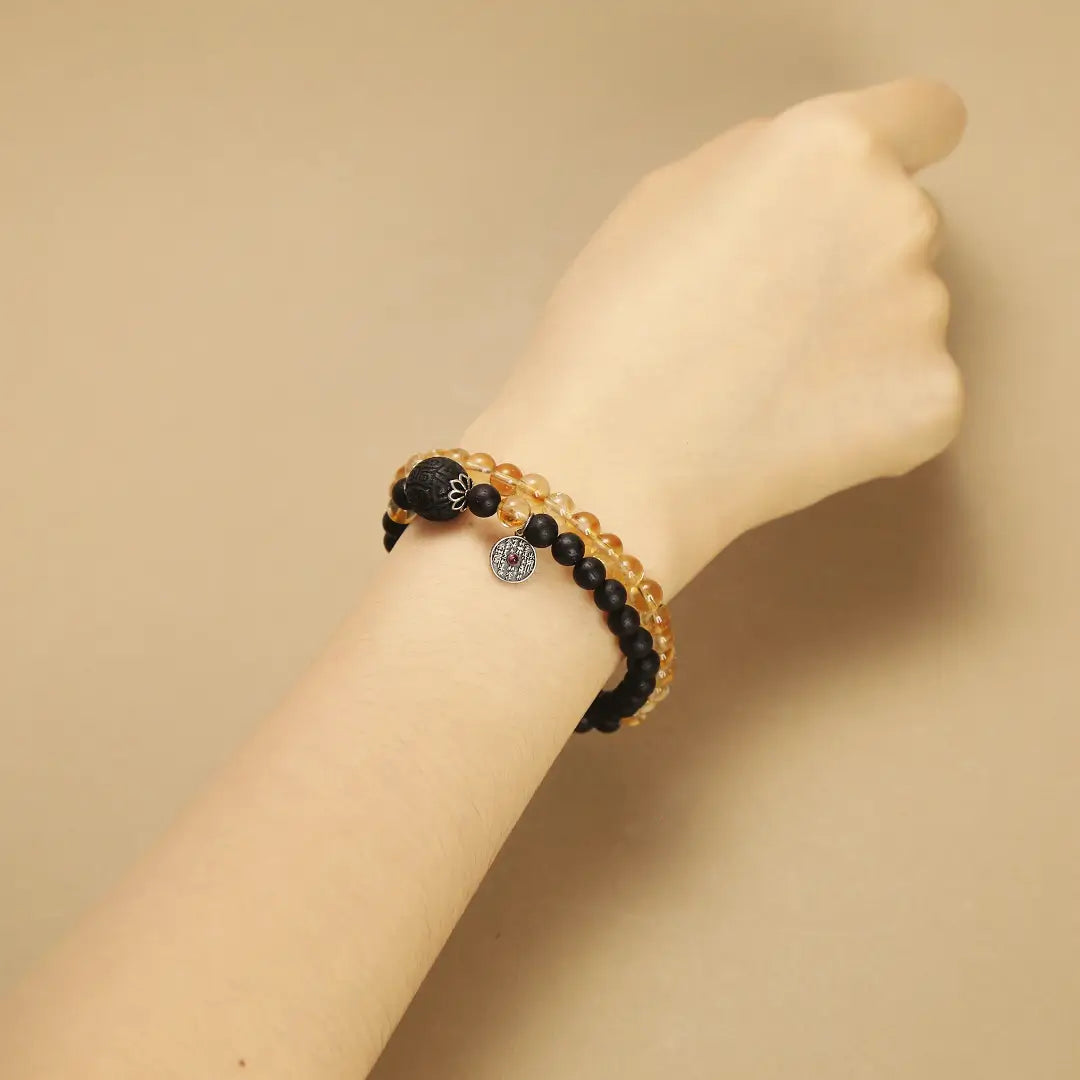 6mm Citrine & Agarwood Double Circle Bracelet with Tourmaline Silver Pendant