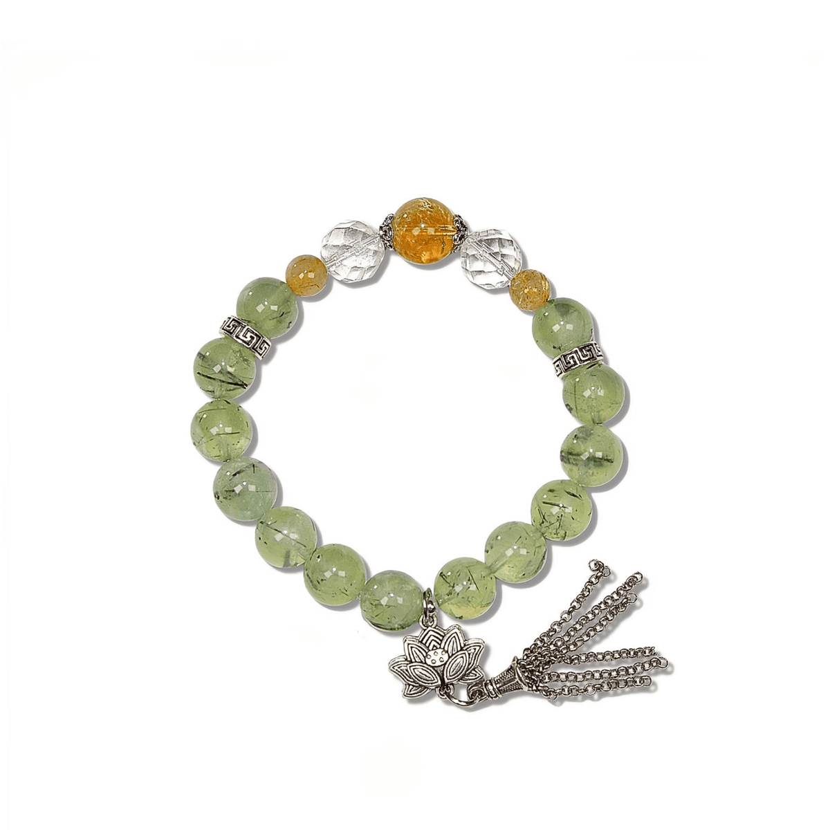 10mm Prehnite Bracelet with Citrine & Lotus Tassel