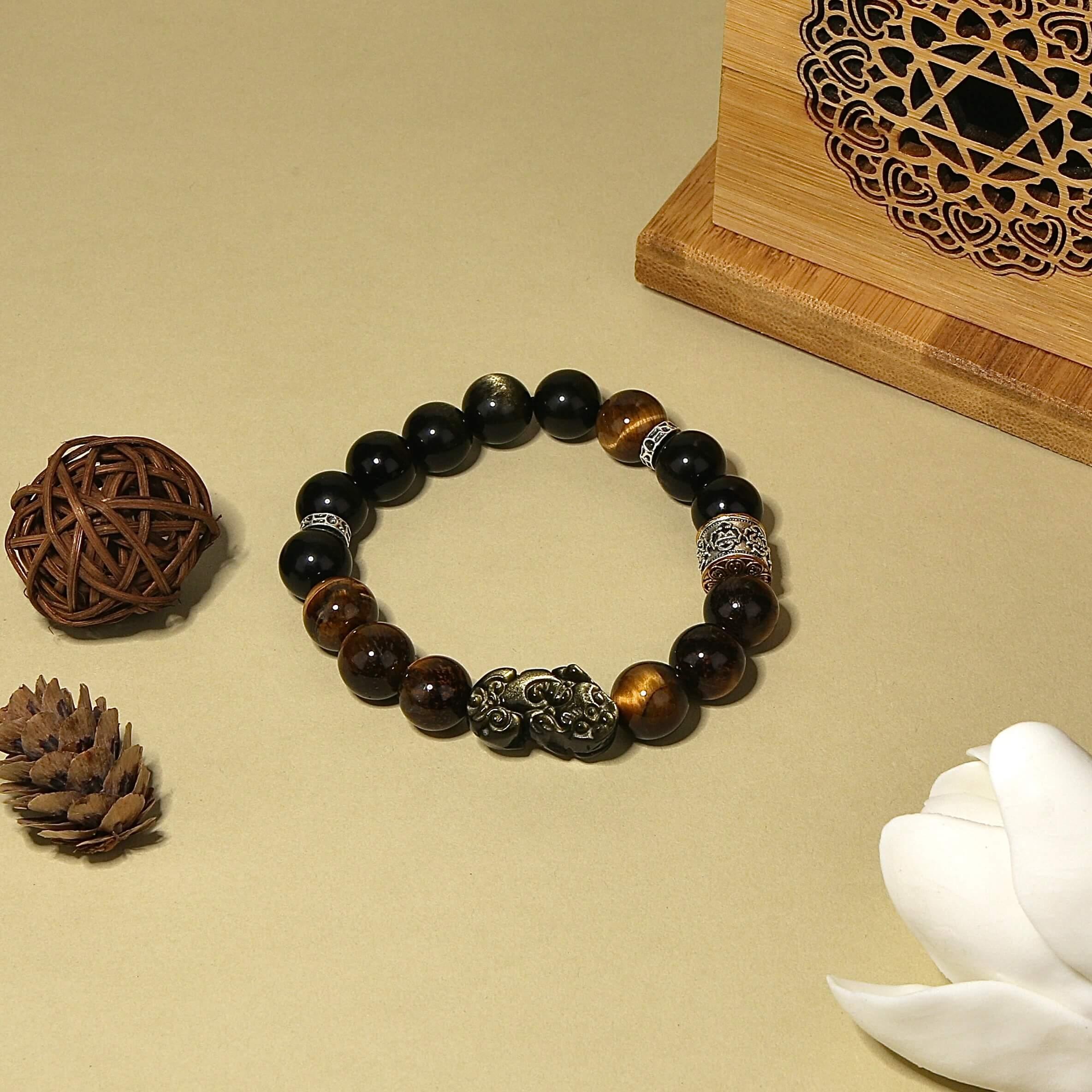 12mm Golden Obsidian Bracelet with Pixiu & Tibetan Prayer Wheel Bead
