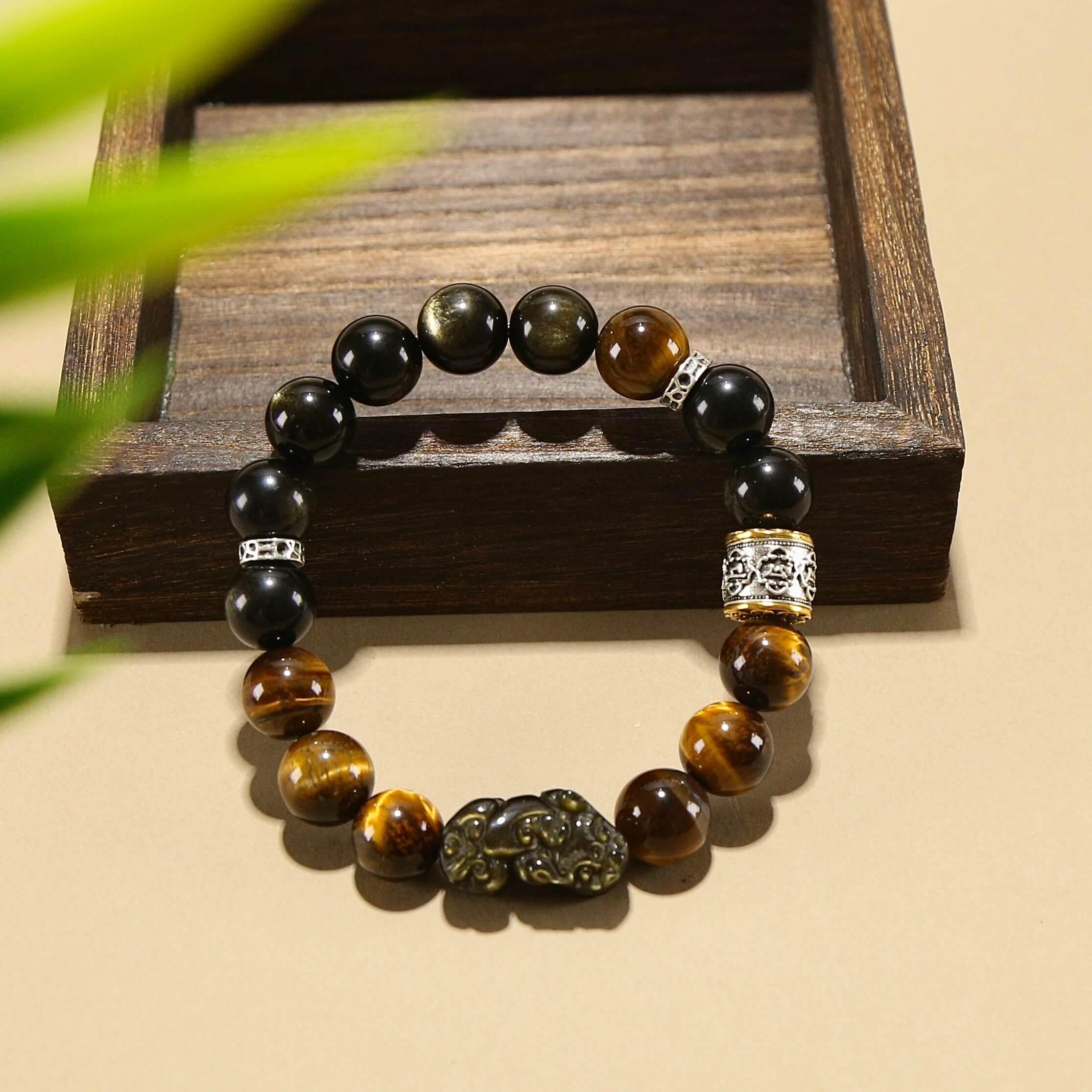 12mm Golden Obsidian Bracelet with Pixiu & Tibetan Prayer Wheel Bead