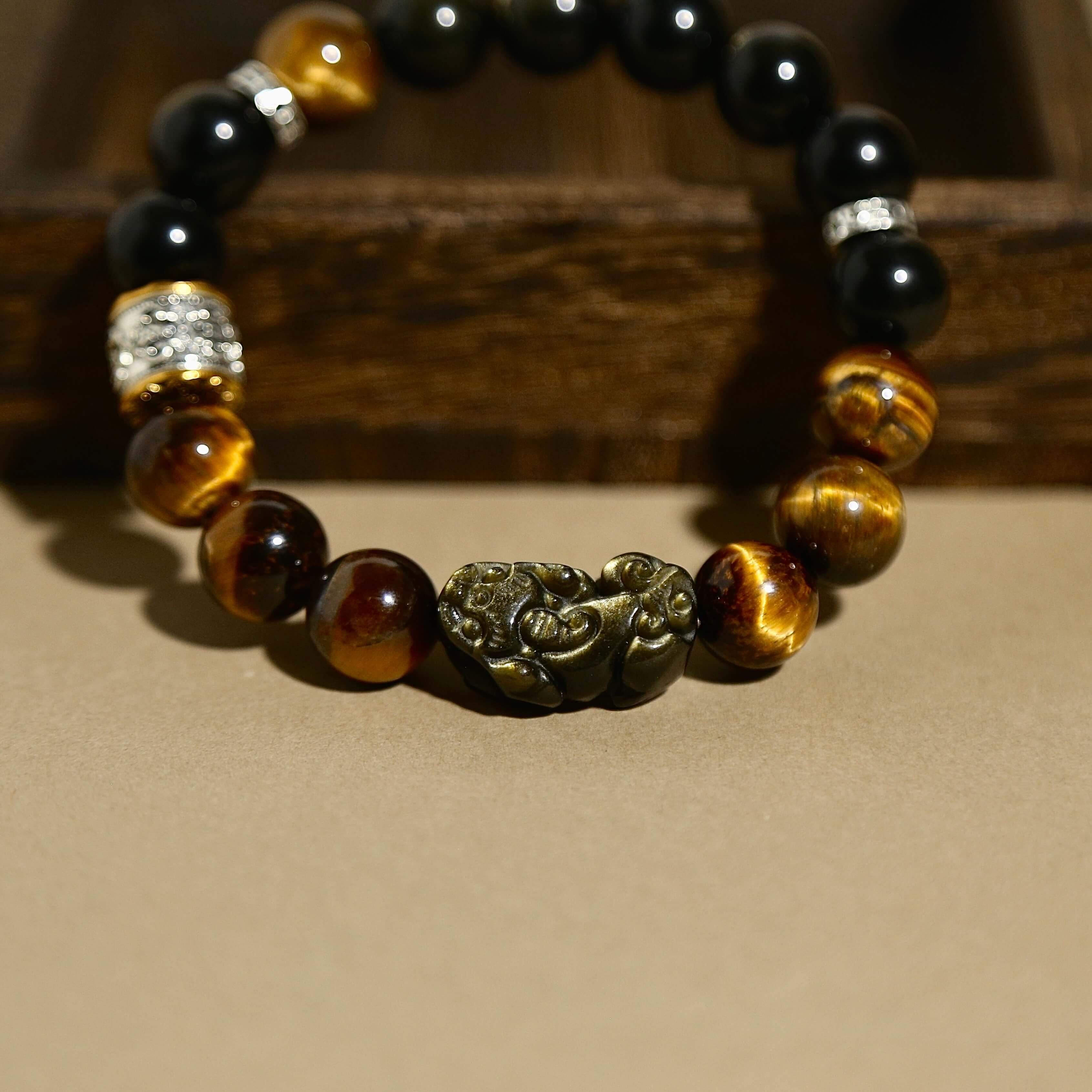 12mm Golden Obsidian Bracelet with Pixiu & Tibetan Prayer Wheel Bead