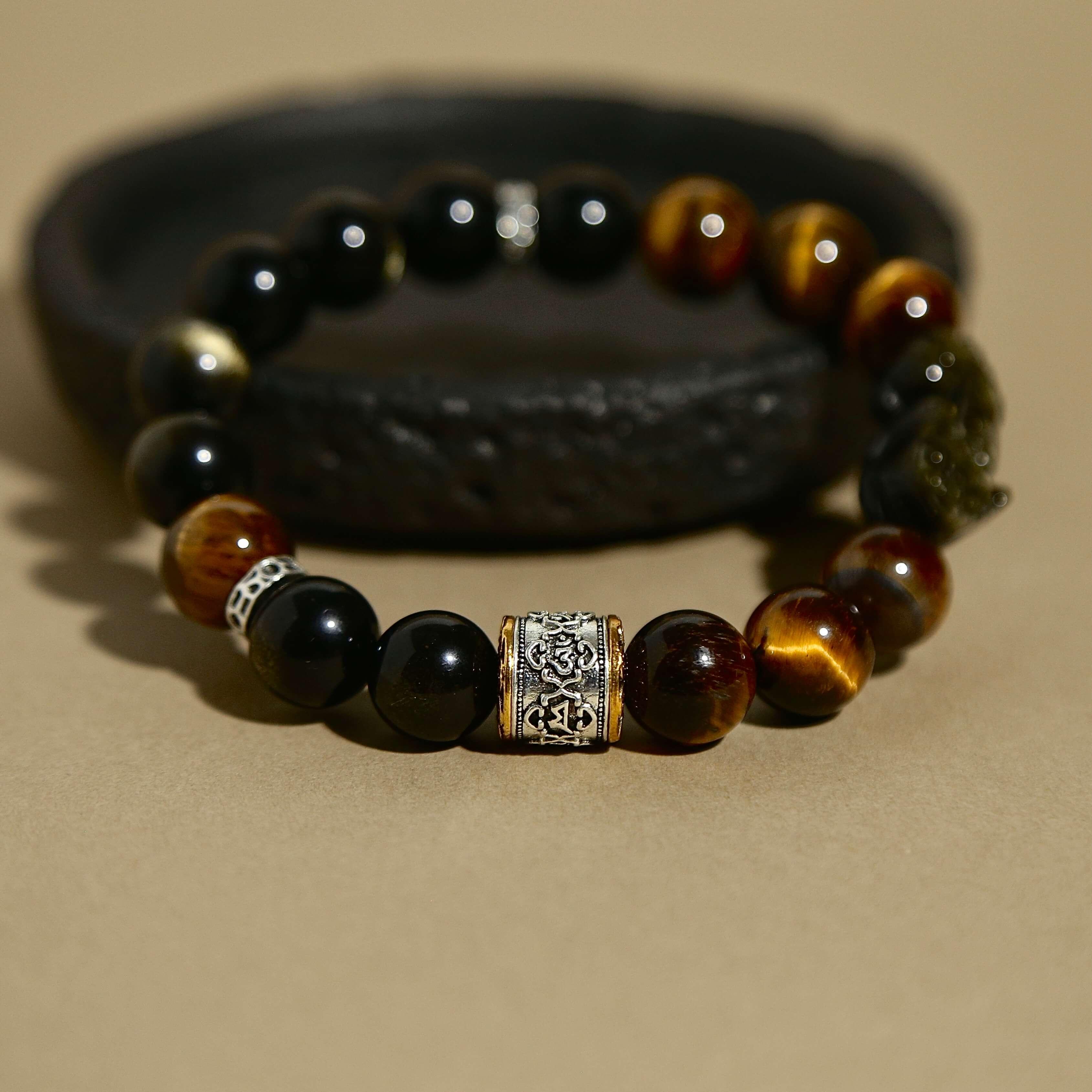 12mm Golden Obsidian Bracelet with Pixiu & Tibetan Prayer Wheel Bead