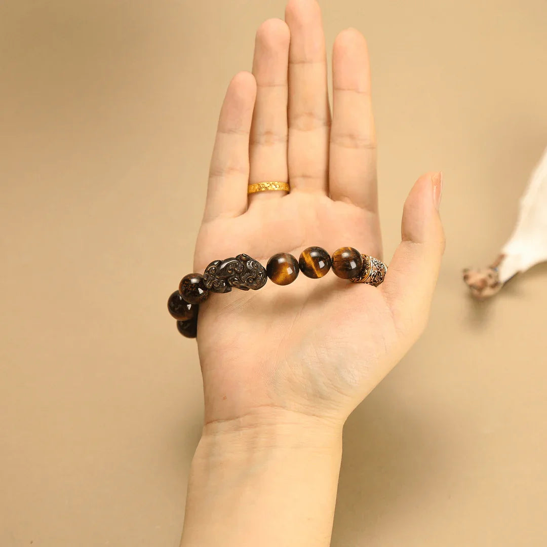 12mm Golden Obsidian Bracelet with Pixiu & Tibetan Prayer Wheel Bead