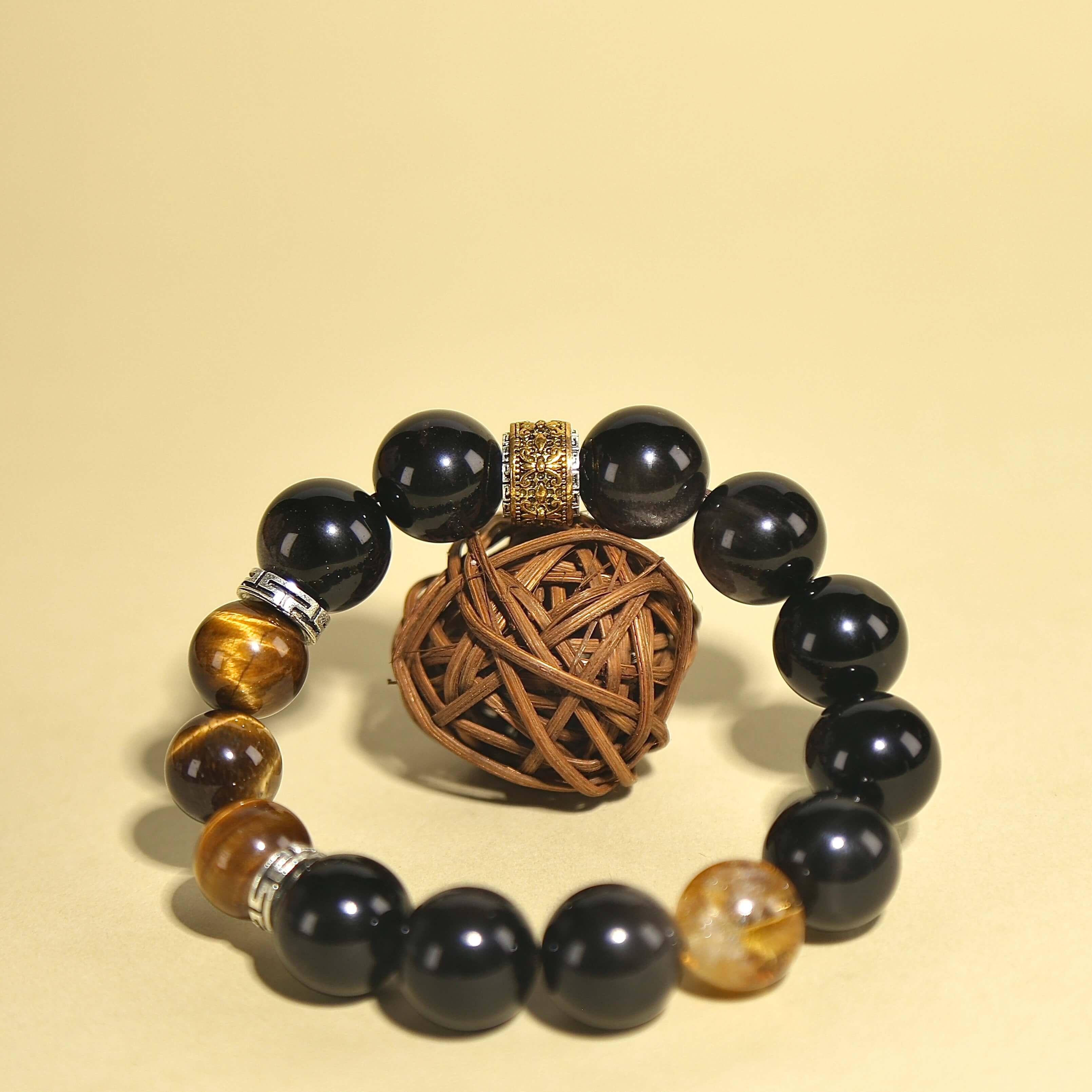 14mm Silver Obsidian Bracelet with Tibetan Prayer Wheel Bead