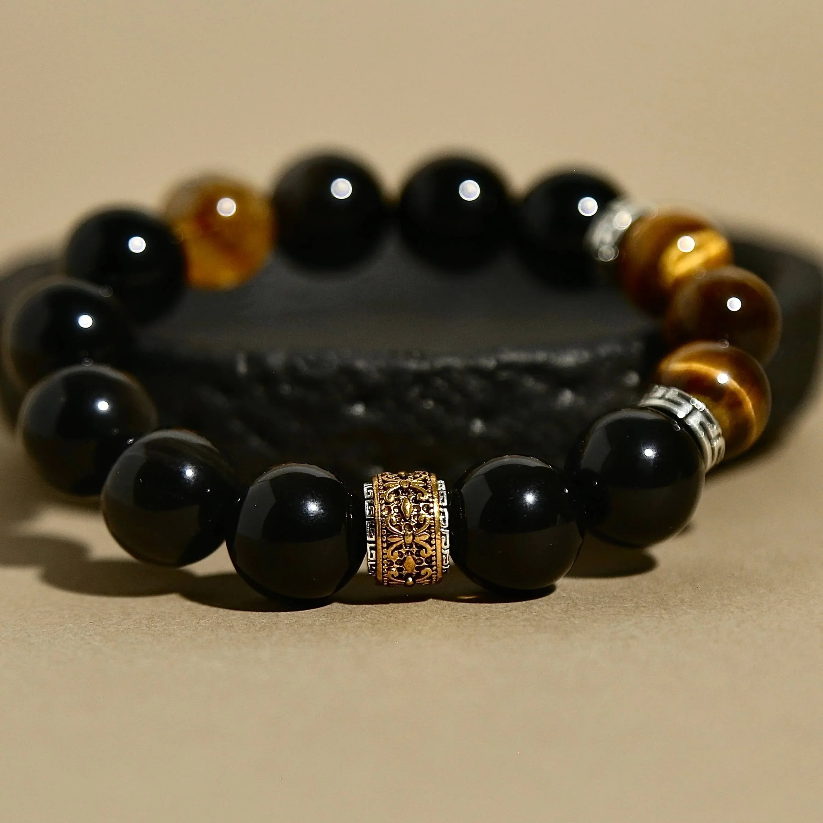 14mm Silver Obsidian Bracelet with Tibetan Prayer Wheel Bead