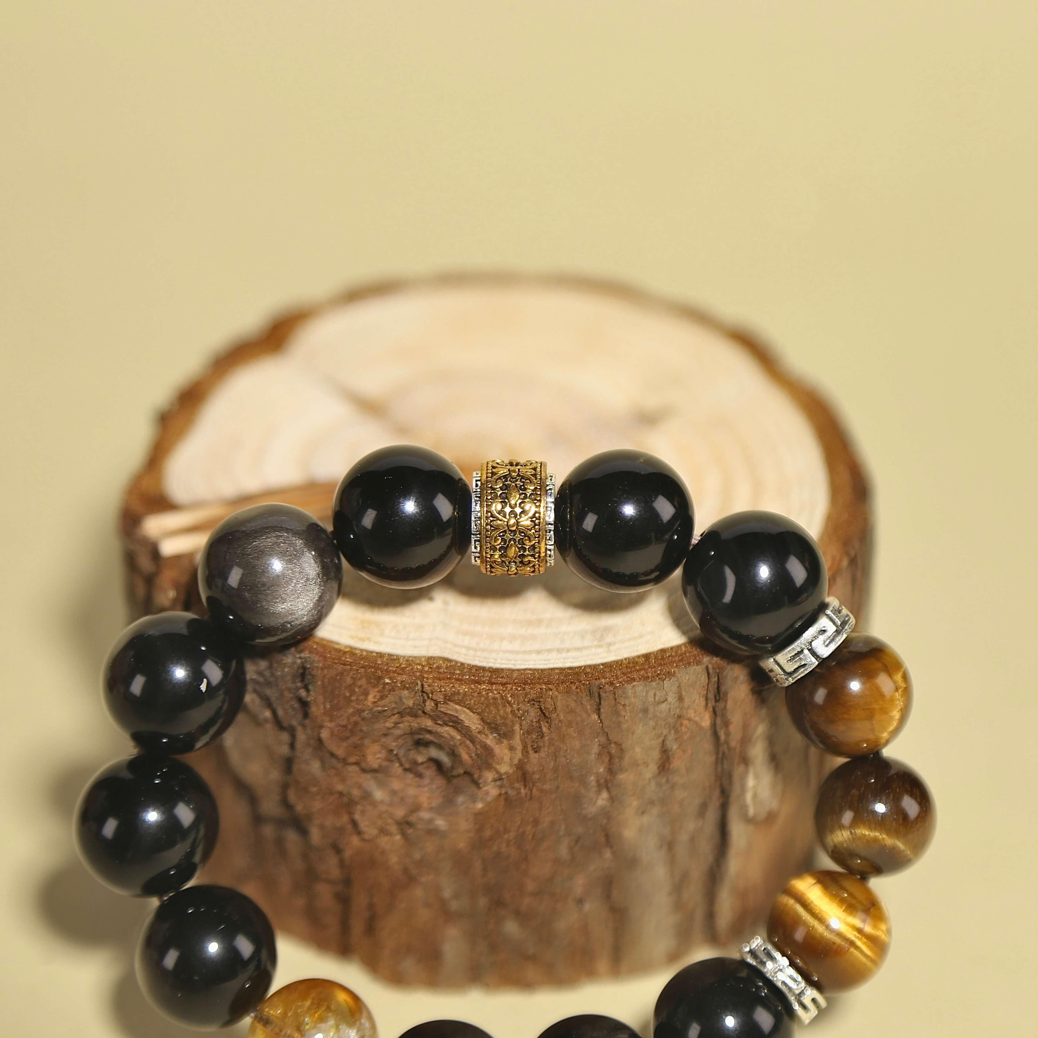 14mm Silver Obsidian Bracelet with Tibetan Prayer Wheel Bead