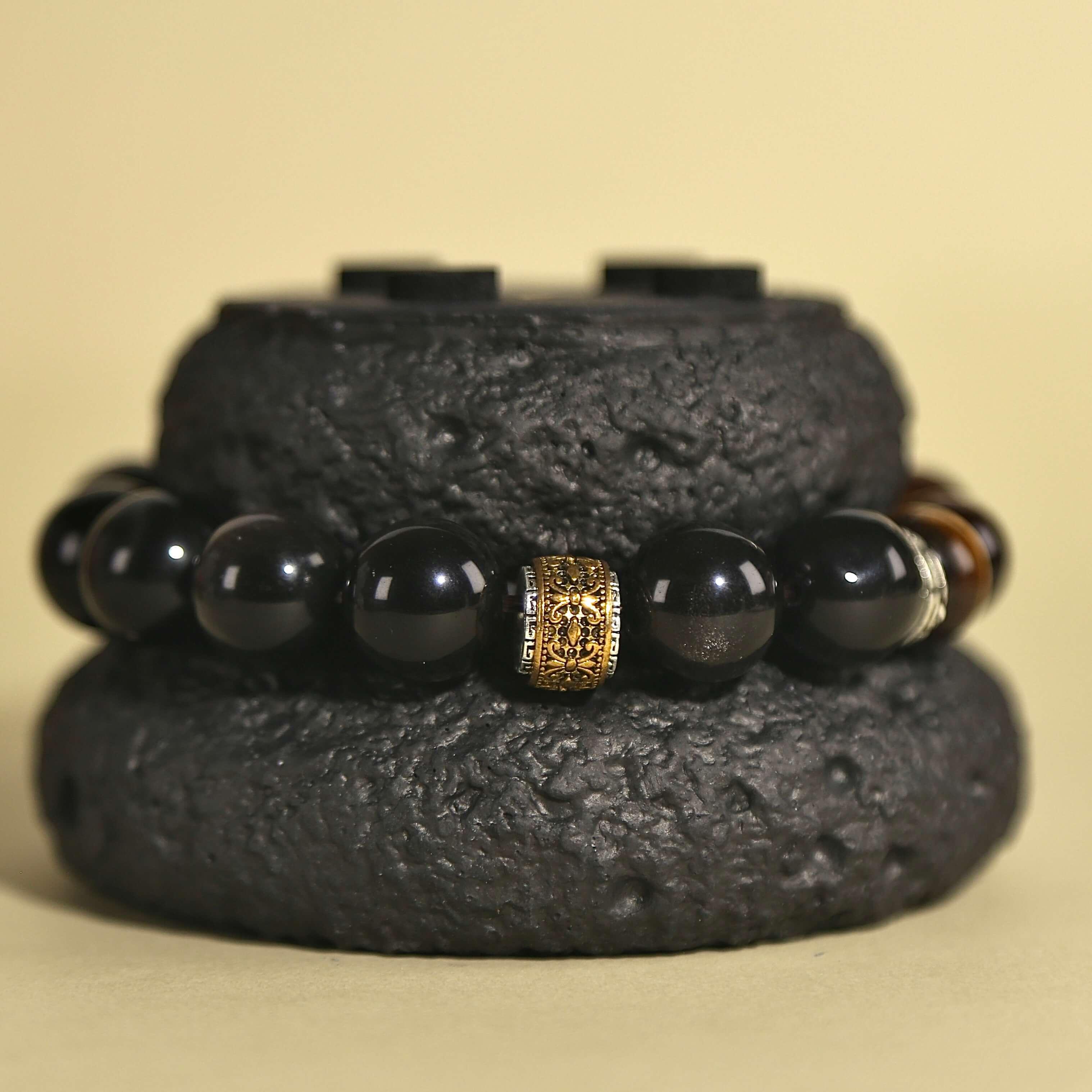 14mm Silver Obsidian Bracelet with Tibetan Prayer Wheel Bead