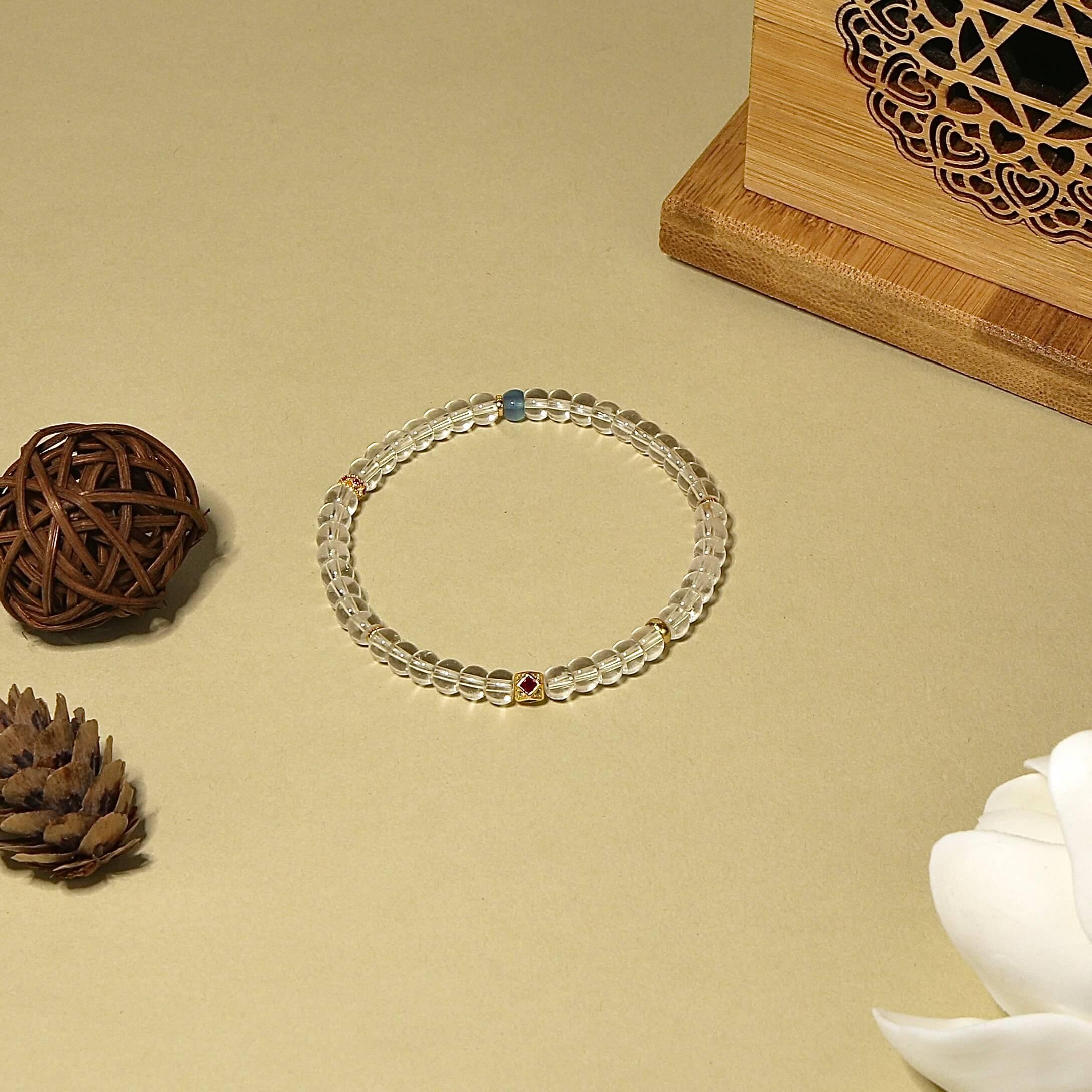 5mm Clear Quartz Bracelet with Aquamarine & Gold-Plated Tibetan Octagonal Beads