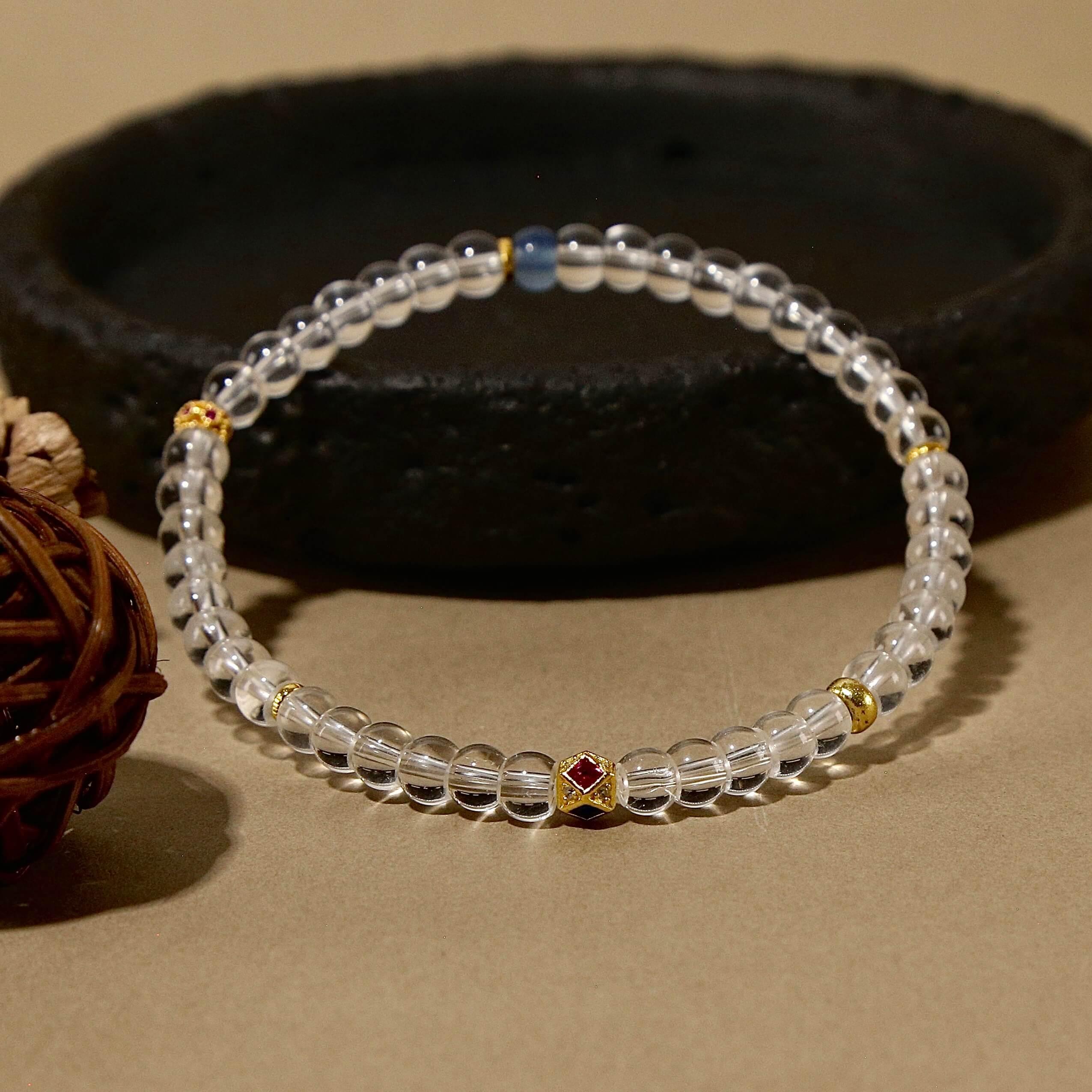 5mm Clear Quartz Bracelet with Aquamarine & Gold-Plated Tibetan Octagonal Beads