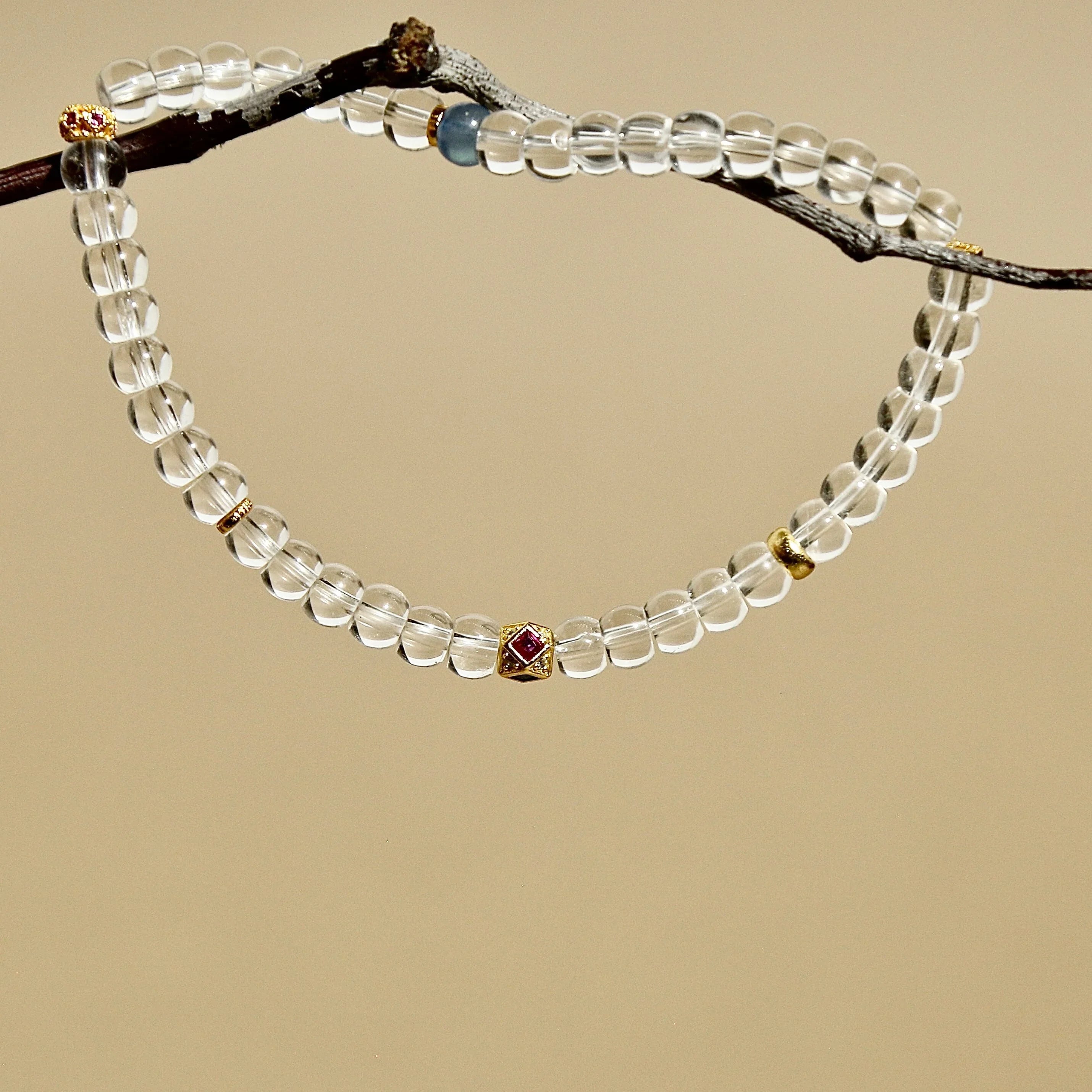 5mm Clear Quartz Bracelet with Aquamarine & Gold-Plated Tibetan Octagonal Beads