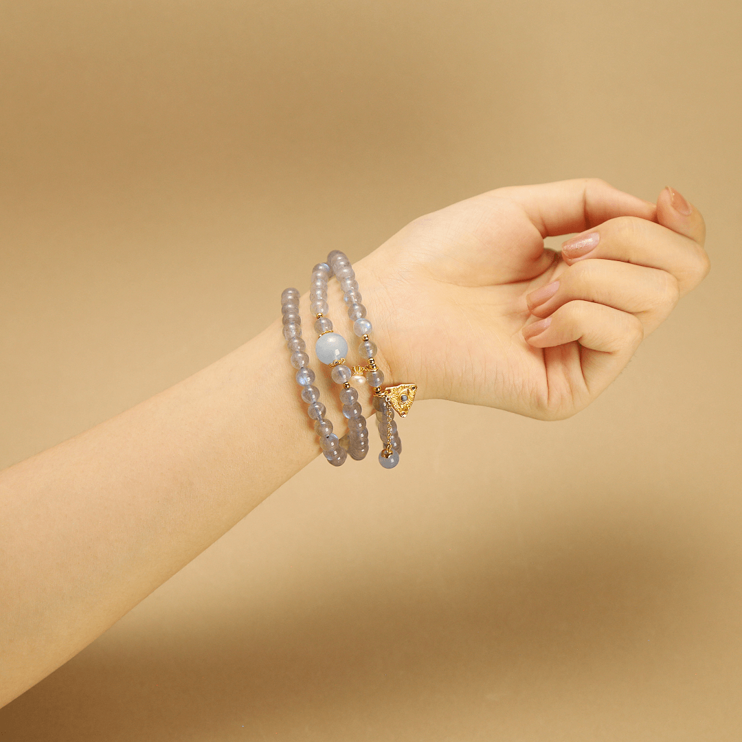 6.5mm Moonstone Multi-Wrap Bracelet with Aquamarine