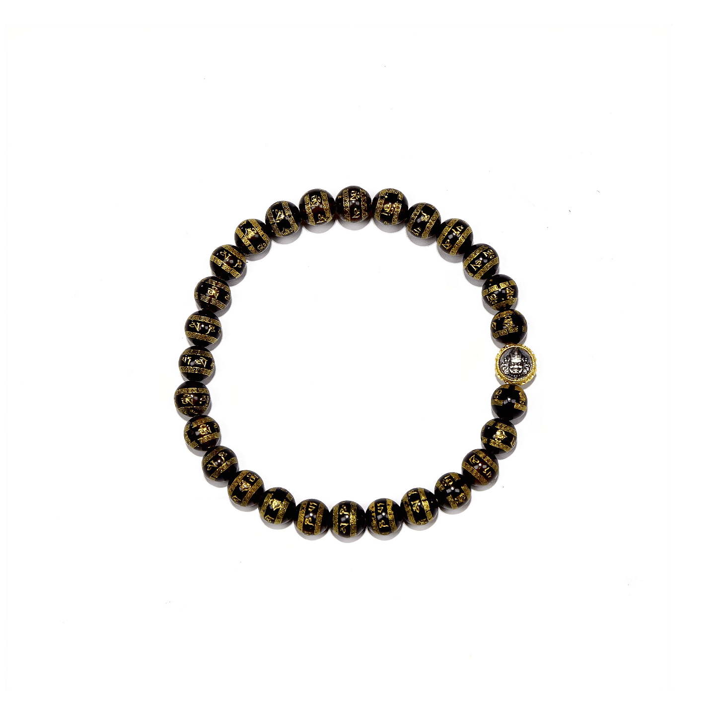 6.5mm Blood Amber Bracelet with Six-Word Mantra & Yellow Jambhala, Designed for Healing and Protection